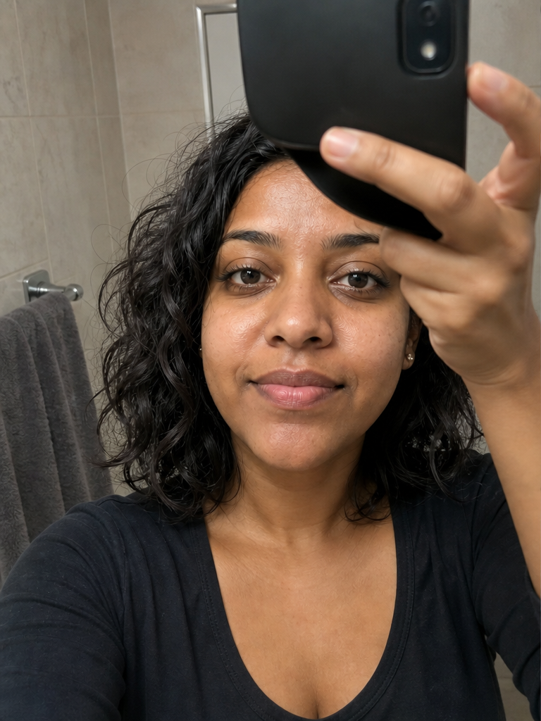 A woman taking a cramped arm's-length mirror selfie in dim light with the close lens distorting her face.