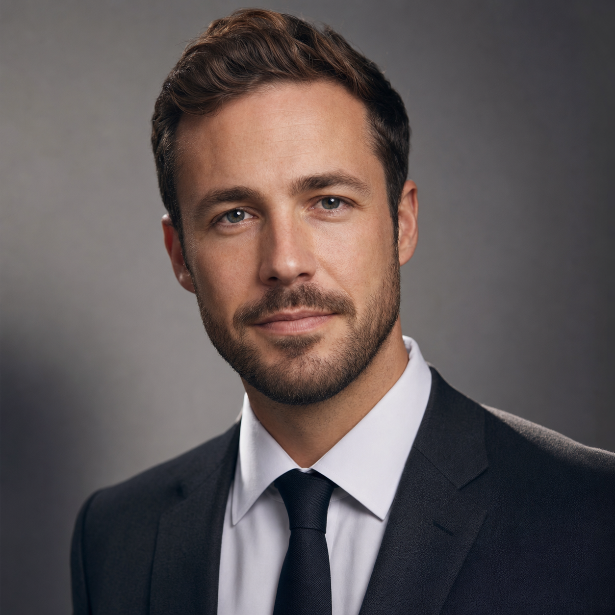An AI photoshoot studio-portrait look: a man in a dark suit against a clean grey backdrop, a polished editorial headshot.