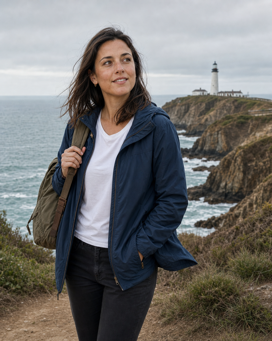 Step 3 output of the 1-selfie identity-anchor workflow: an outdoor full-body candid dating-profile photo of the same 30-year-old woman from the input selfie, identity-locked with the same brown hair, brown eyes, and slight freckles preserved, standing at the edge of a coastal cliff path in a worn navy lightweight zip-up jacket over a plain white tee, dark canvas pants, broken-in trail sneakers, full body visible from mid-thigh up, holding a battered olive-green canvas backpack strap in one hand, hair slightly wind-swept with the jacket hem lifted by wind, looking just off-camera with a faint smile, soft-overcast diffused daylight from above so the photo reads as a real walk rather than a magazine shoot.