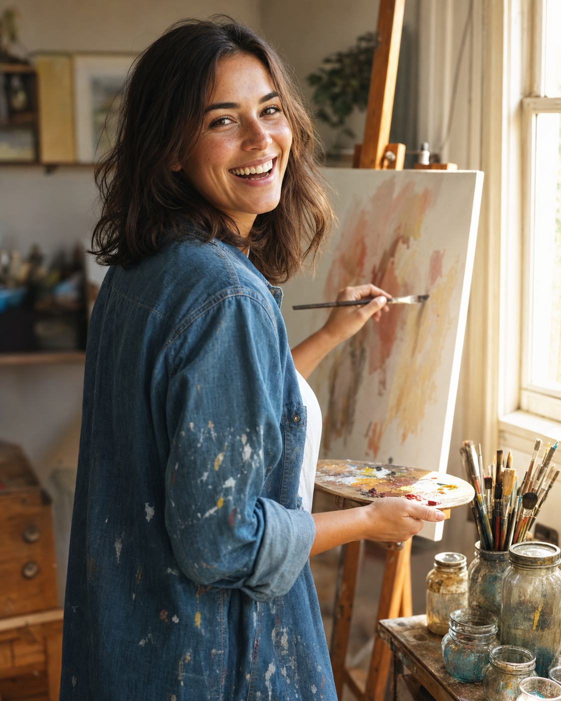 Step 4 output of the 1-selfie identity-anchor workflow: a mid-action hobby candid dating-profile photo of the same 30-year-old woman from the input selfie, identity-locked with the same brown hair, slight freckles, and warm skin undertone, caught mid-stroke at an easel with a paintbrush in her right hand and a wooden palette of warm-tone paints in her left, body angled away from camera and head turned back with a real spontaneous laugh and eyes lit, wearing a paint-flecked denim shirt over a plain white tee, set in a sunlit home art studio with jars of brushes on a side table and a stretched canvas on the easel with the soft beginnings of an abstract painting, demonstrating the caught-mid-action archetype that gives the swiper a concrete conversation hook.
