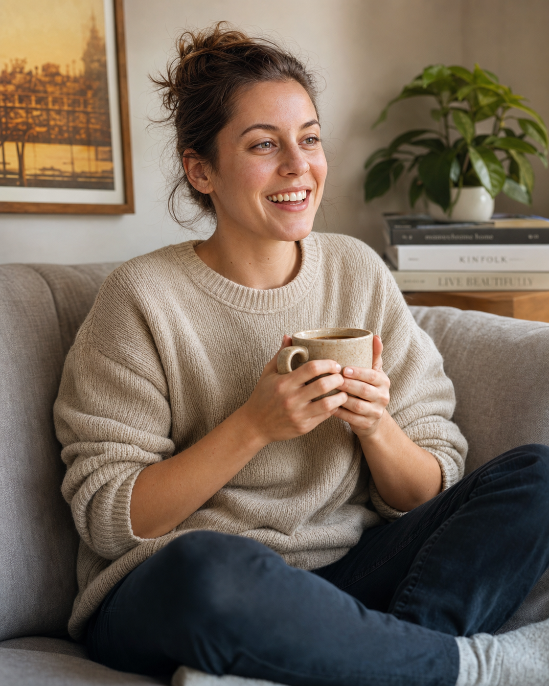 Dating profile photo example #2: an at-home candid lifestyle shot of a 30-year-old person sitting on a grey linen couch in an oatmeal knit sweater holding a coffee mug, mid-laugh, soft natural sunlit Saturday-morning living room light, identity-locked 4:5 dating-app format showing the cozy at home archetype.