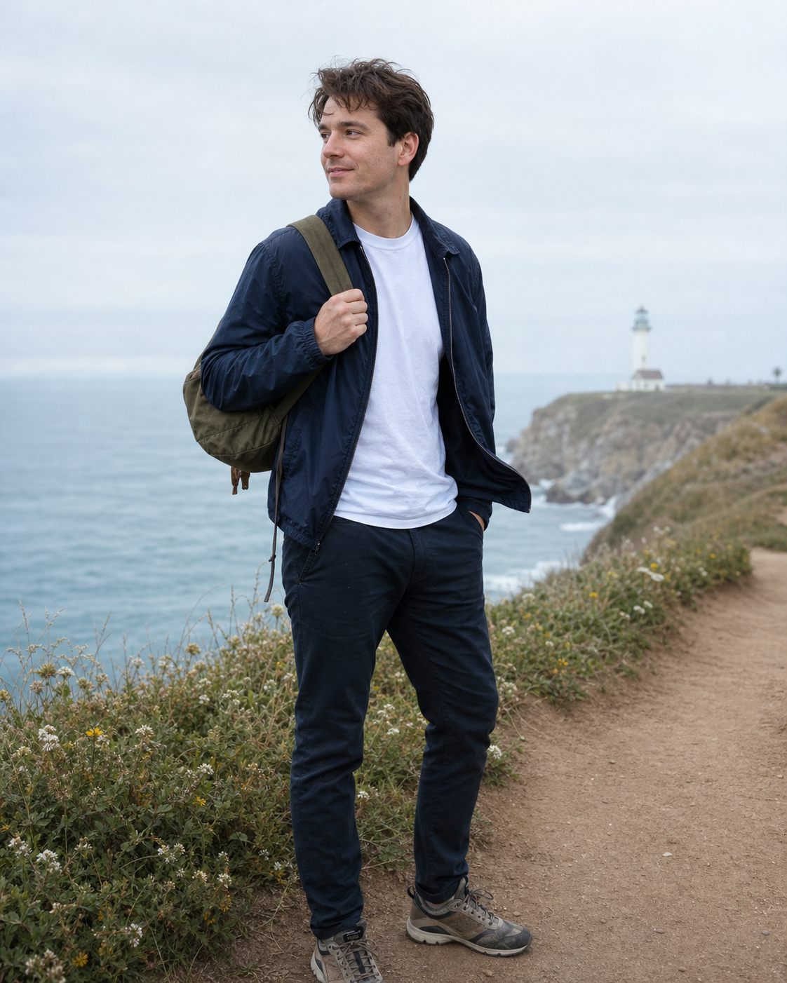 Dating profile photo example #3: an outdoor candid travel shot of a 30-year-old person standing on a coastal cliff path in a navy zip-up jacket and canvas backpack, full body visible from mid-thigh up, soft overcast daylight, identity-locked 4:5 dating-app format showing the outdoor candid full-body archetype.