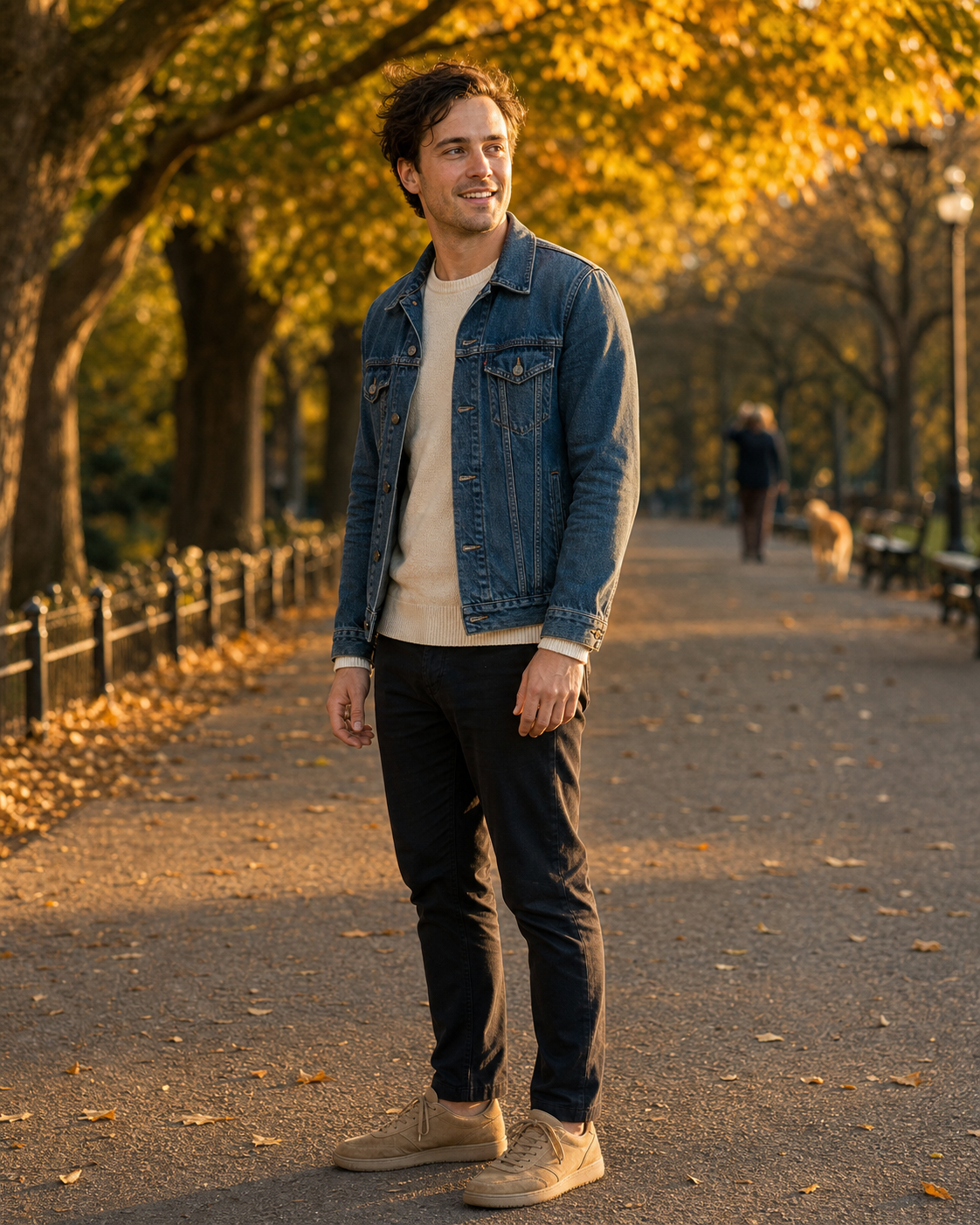 Dating profile photo example #5: a golden-hour outdoor portrait of a 30-year-old person standing on a maple-shaded park path in a denim jacket and cream sweater, head turned off-camera mid-smile, identity-locked to the same person shown in the previous four photo examples, demonstrating the multi-scene profile-pack consistency rule that locks the face across all six photos in the dating-app profile.
