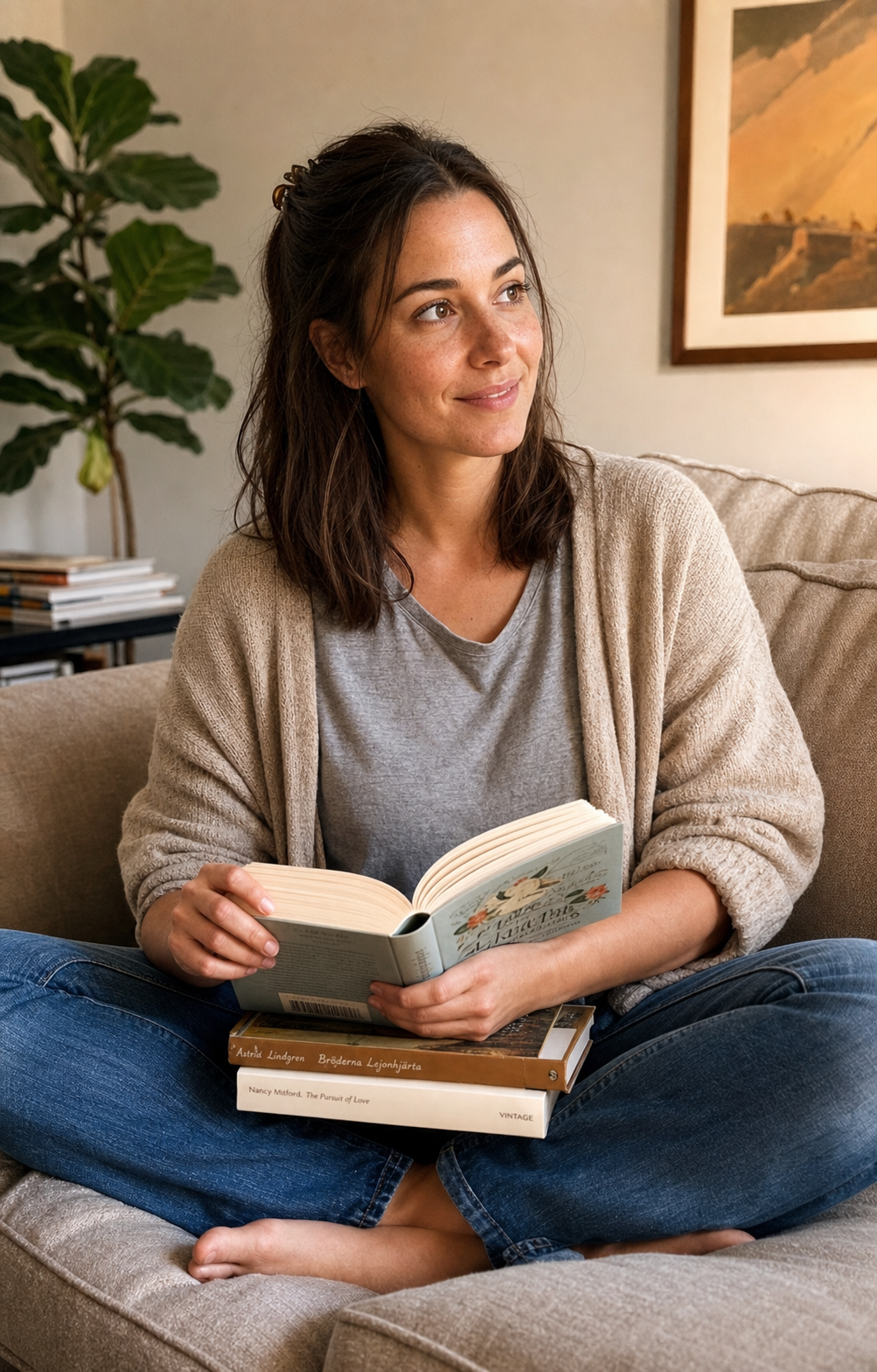Dating profile photo archetype 2, the at-home-not-glam: a 30-year-old woman with shoulder-length brown hair, brown eyes, and slight freckles on her cheekbones sitting cross-legged on a linen couch in an oatmeal cardigan with a stack of books on her lap, soft Sunday-morning window light, identity-locked 4:5 vertical dating-app format showing a real lived-in living room rather than a glam-room mirror.