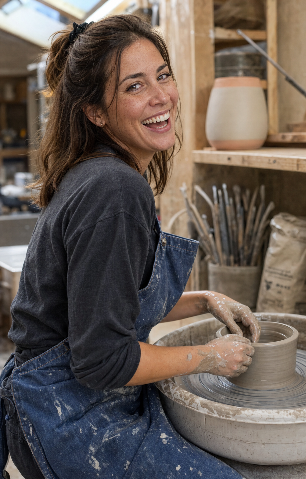Dating profile photo archetype 4, the hobby-mid-laugh: a 30-year-old woman with shoulder-length brown hair, brown eyes, and slight freckles on her cheekbones, mid-laugh while throwing pottery at a wheel in a sunlit ceramics studio, hands wet with grey clay, wearing a paint-flecked denim apron over a charcoal tee, identity-locked 4:5 vertical dating-app format showing the caught-mid-hobby archetype that gives a swiper a real conversation hook.