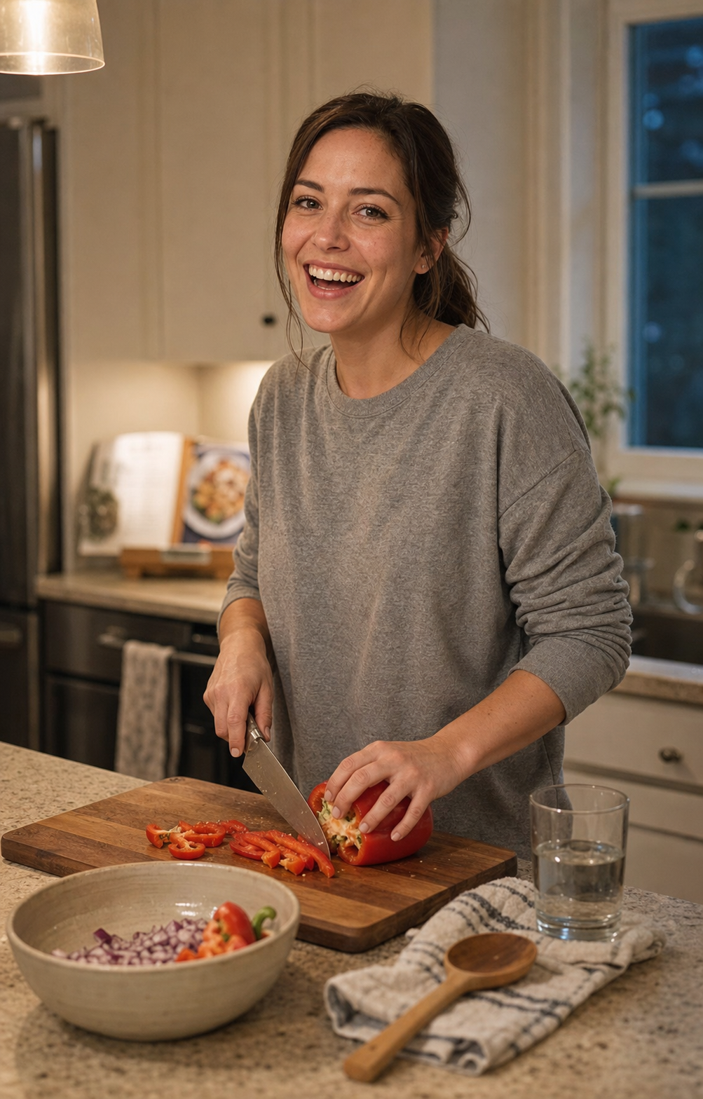 Dating profile photo archetype 6, the kitchen-not-mirror: a 30-year-old woman with shoulder-length brown hair, brown eyes, and slight freckles on her cheekbones, mid-laugh while chopping a red bell pepper at her own kitchen island on a quiet weeknight, in a heather-grey sweatshirt with sleeves pushed to mid-forearm, warm overhead pendant light, identity-locked 4:5 vertical dating-app format showing the candid kitchen archetype rather than a bathroom-mirror selfie.