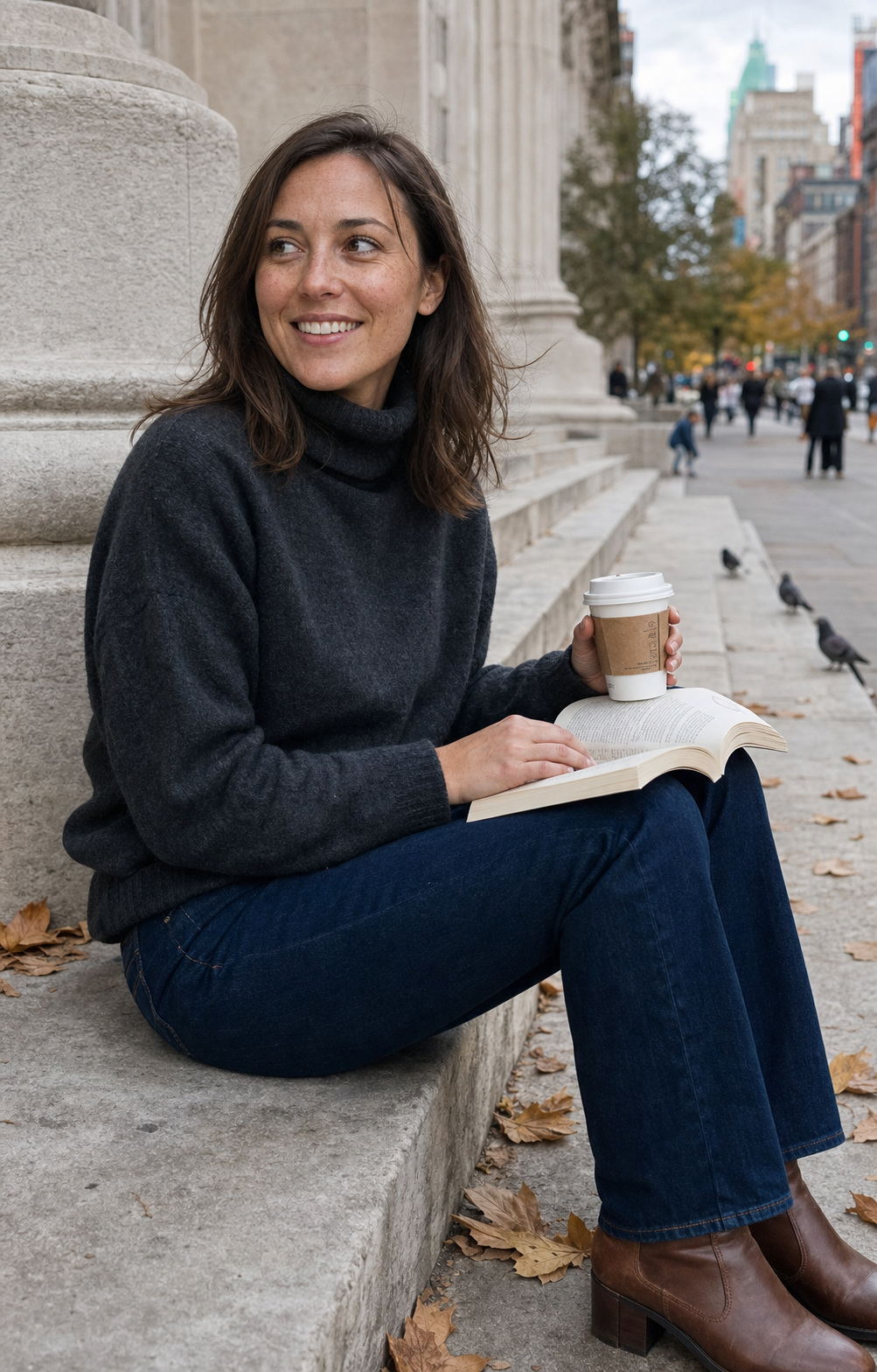 Dating profile photo archetype 7, the outdoor-not-vacation: a 30-year-old woman with shoulder-length brown hair, brown eyes, and slight freckles on her cheekbones sitting on the stone steps of a city library with a takeaway coffee and a paperback book on her lap, in a charcoal wool turtleneck and dark jeans, soft overcast weekday late-afternoon daylight, identity-locked 4:5 vertical dating-app format showing a real city-life full-body shot rather than a tropical-vacation cliché.