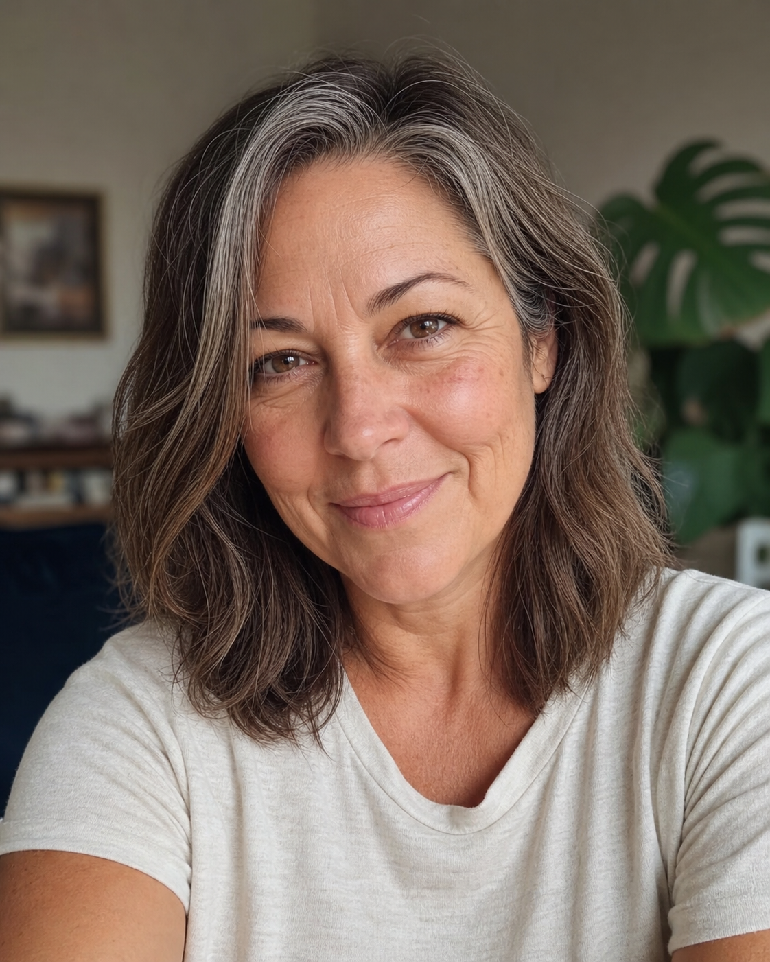 A 50-year-old woman rendered with the aging-preservation rule line applied, showing genuinely grey-streaked shoulder-length hair, visible nasolabial lines, soft under-eye area, light expression lines around the eyes, and natural mid-50s skin texture — the actual face that walks into a cafe on date day, the rule-following state the article argues for.