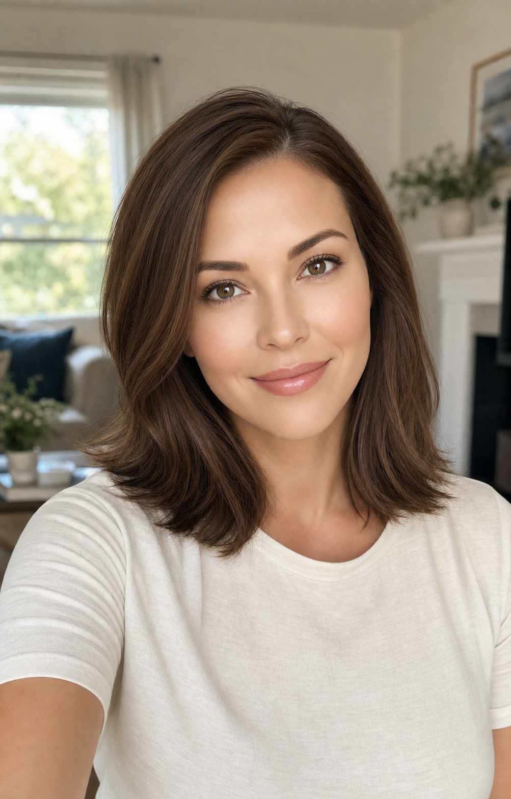 A woman who is supposed to be 50 but has been auto-aged-down by default AI image rendering to look approximately 35, with porcelain-smooth skin, no visible nasolabial lines, no under-eye softness, plumped cheeks, and chestnut hair stripped of its real grey streaks — the failure mode the aging-preservation rule line defeats.