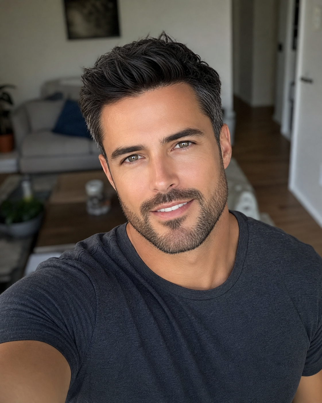 A man who is supposed to be 52 but has been auto-aged-down by default AI image rendering to look approximately 35, with porcelain-smooth skin, no visible nasolabial lines, no under-eye softness, plumped cheeks, and over-darkened hair — the failure mode the aging-preservation rule line defeats.