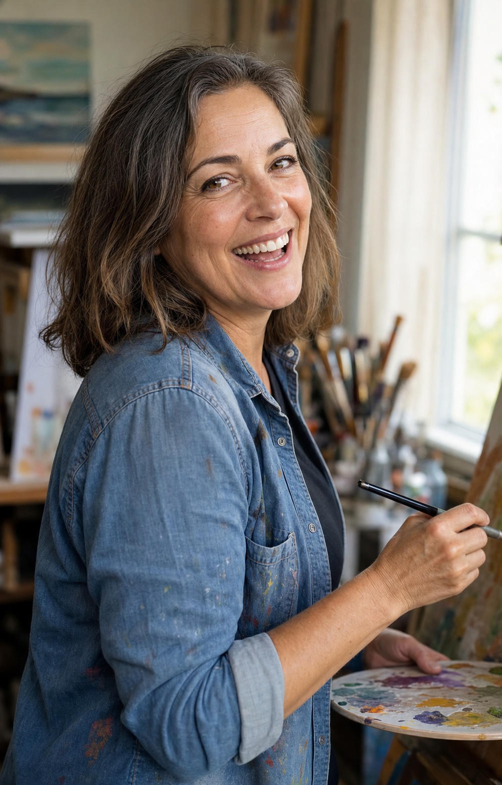 Mid-action hobby candid of the same 50-year-old woman from the hero pack, caught mid-laugh while painting at an easel in a window-lit home art studio in a paint-flecked denim shirt, grey-streaked hair pushed back, brush in right hand mid-stroke, visible nasolabial lines and mid-50s skin texture preserved — the hobby-slot of an over-40 dating profile rendered with the aging-preservation rule held.