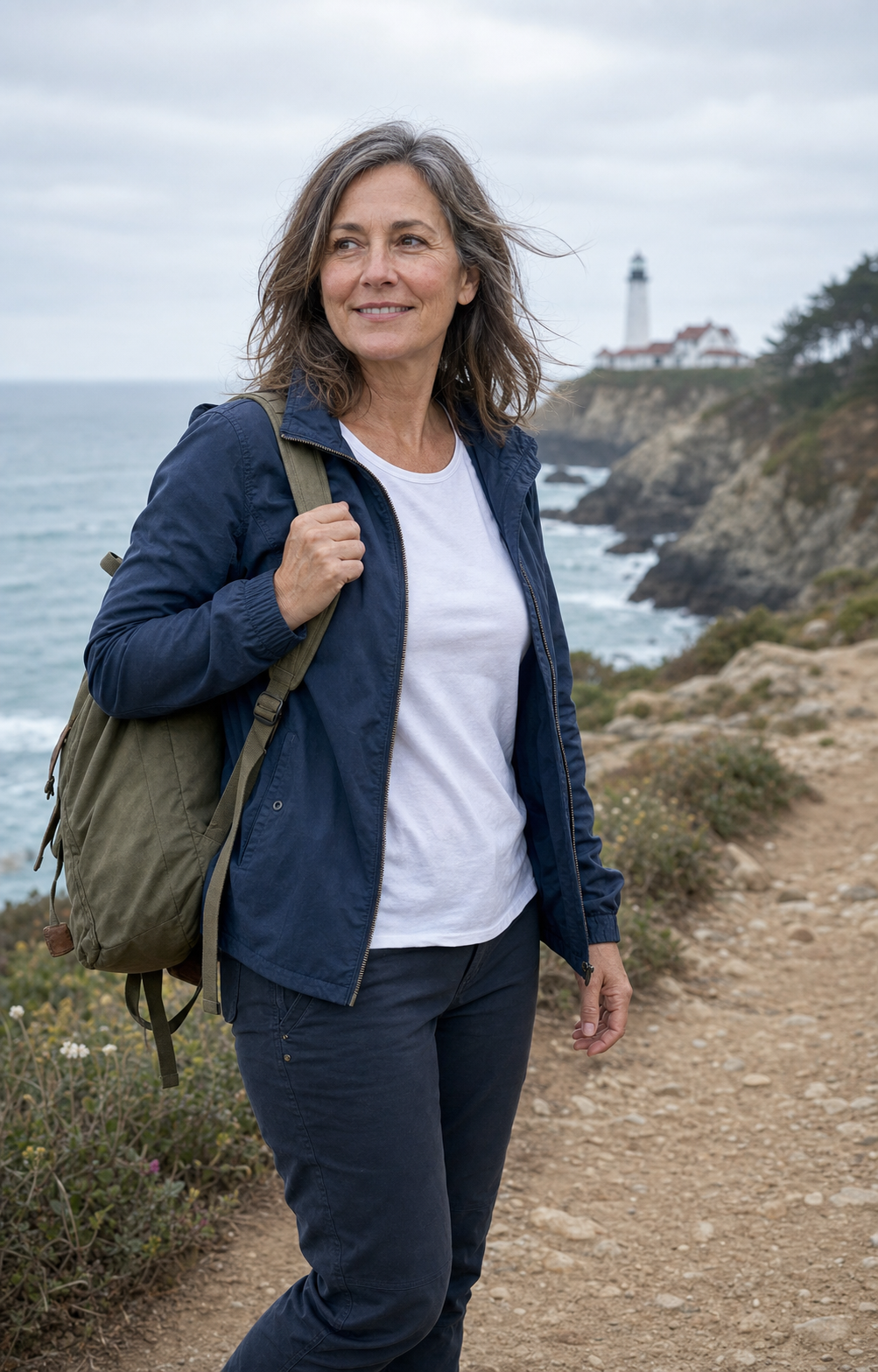 Outdoor full-body candid of the same 50-year-old woman from the hero pack, standing on a coastal cliff path in a navy zip-up jacket and worn trail sneakers, body visible from mid-thigh up, soft overcast daylight, grey-streaked wind-swept hair, visible nasolabial lines, mid-50s skin texture preserved — the full-body slot of an over-40 dating profile rendered with the aging-preservation rule held.