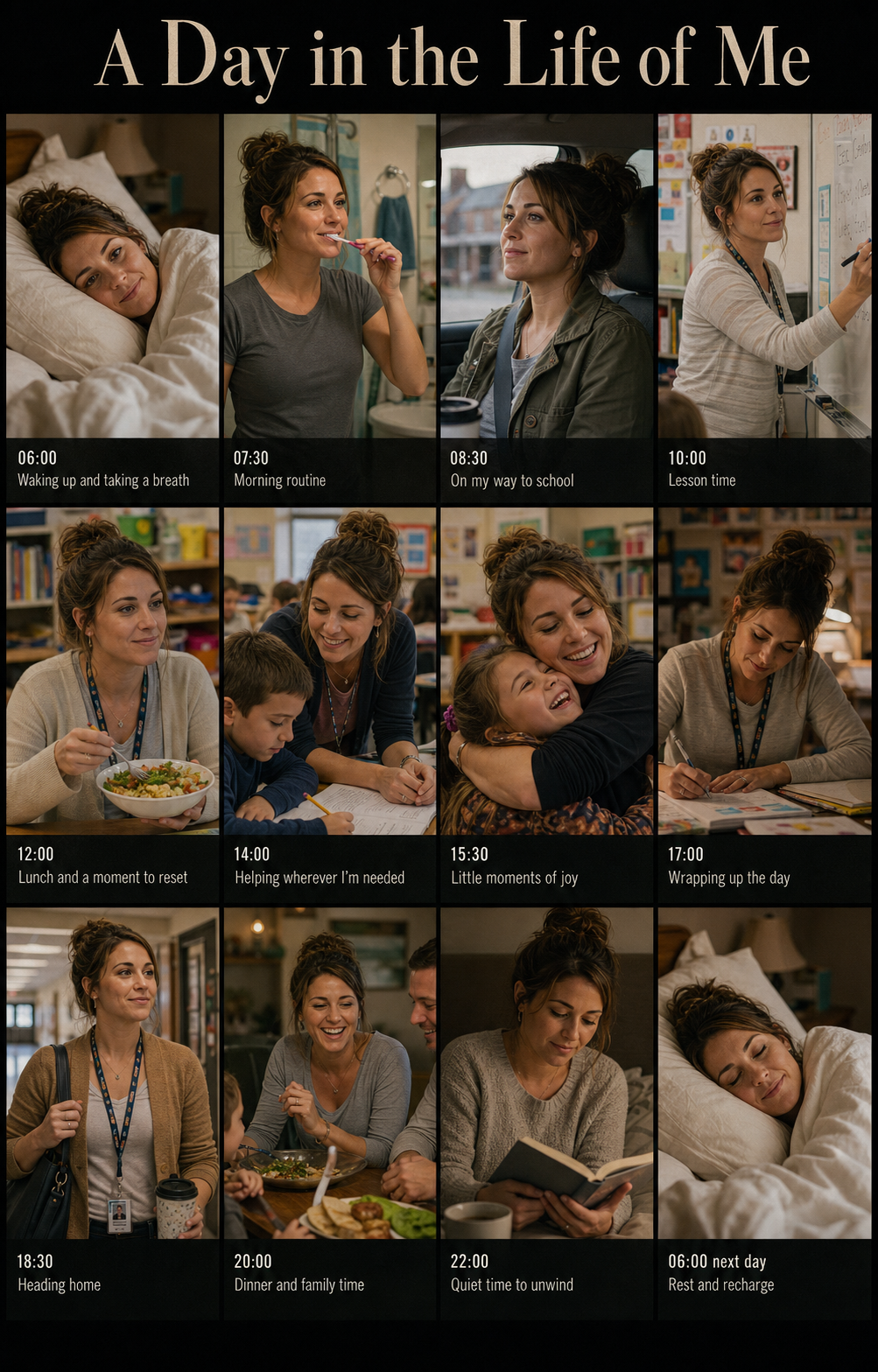 An AI photoshoot day-in-the-life look: a 12-panel timeline collage of one woman from morning to night, like a mini photo-essay.