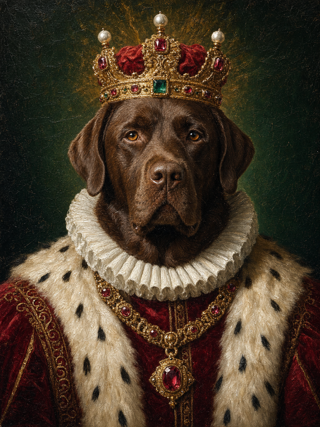 Oil-painting royal portrait of a chocolate labrador retriever as a 17th-century European king, wearing a deep-crimson velvet doublet, ermine trim, ruff collar, gold ruby pendant, and a jeweled crown, against a deep-emerald background, the king-with-ermine variant of the AI royal pet portrait prompt.