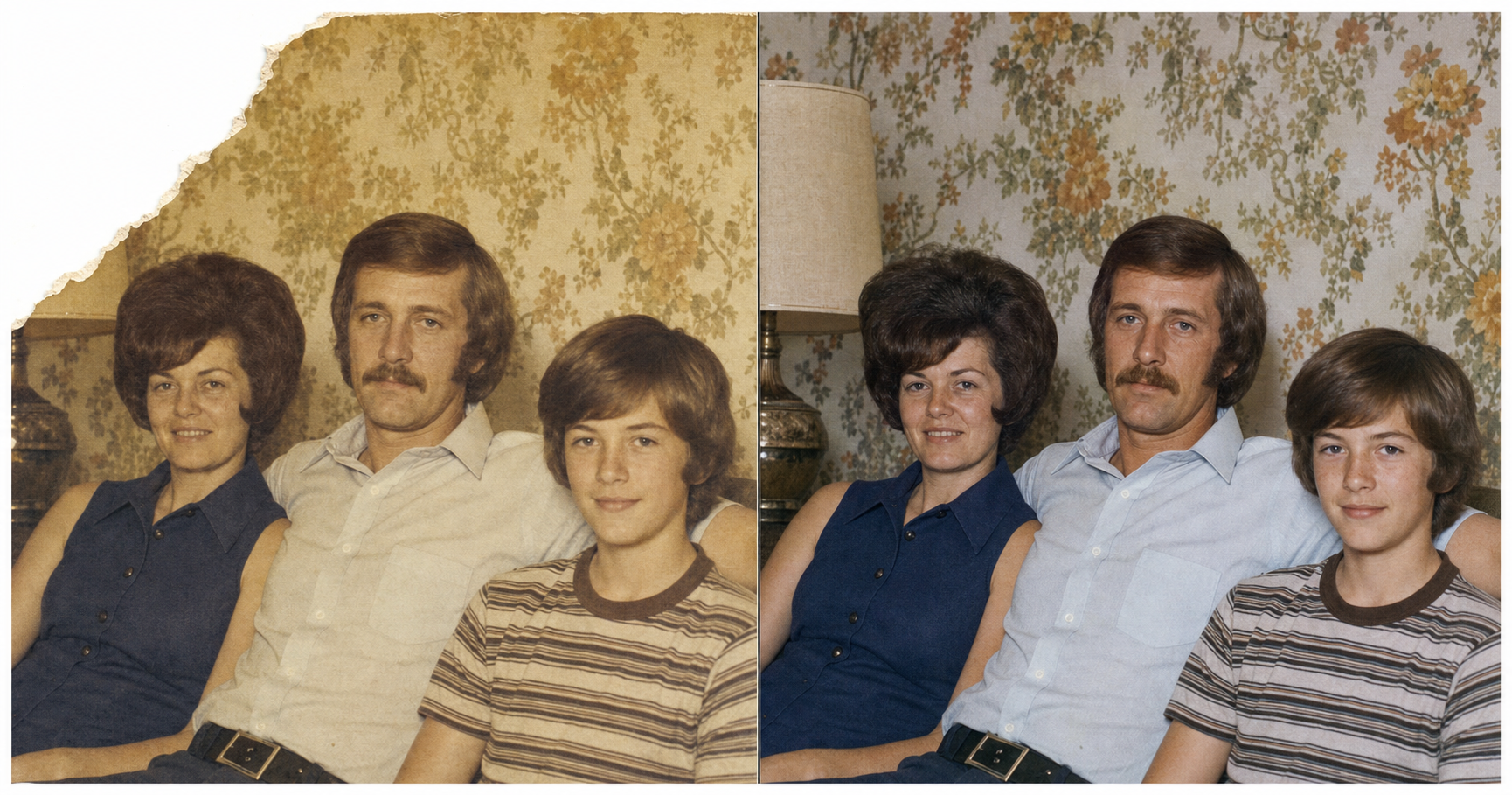 Before and after of a 1970s family snapshot of three people on a couch. The before has a torn-off upper-left corner exposing ragged white paper over the wallpaper and lamp, plus yellowing. The after rebuilds the corner only by continuing the existing wallpaper and lamp that surrounded the tear, with no invented objects, while all three faces and the 1970s era stay exactly the same.