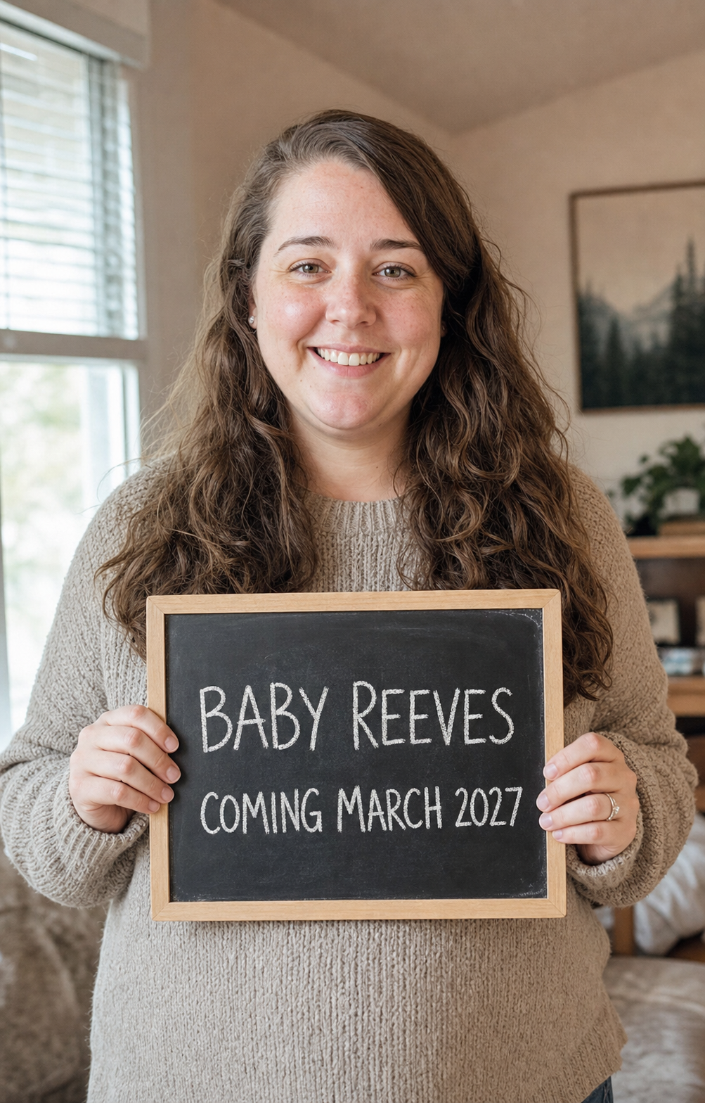 A warmly-lit pregnancy announcement portrait: the expecting parent holding a chalkboard reading Baby Reeves, Coming March 2027.