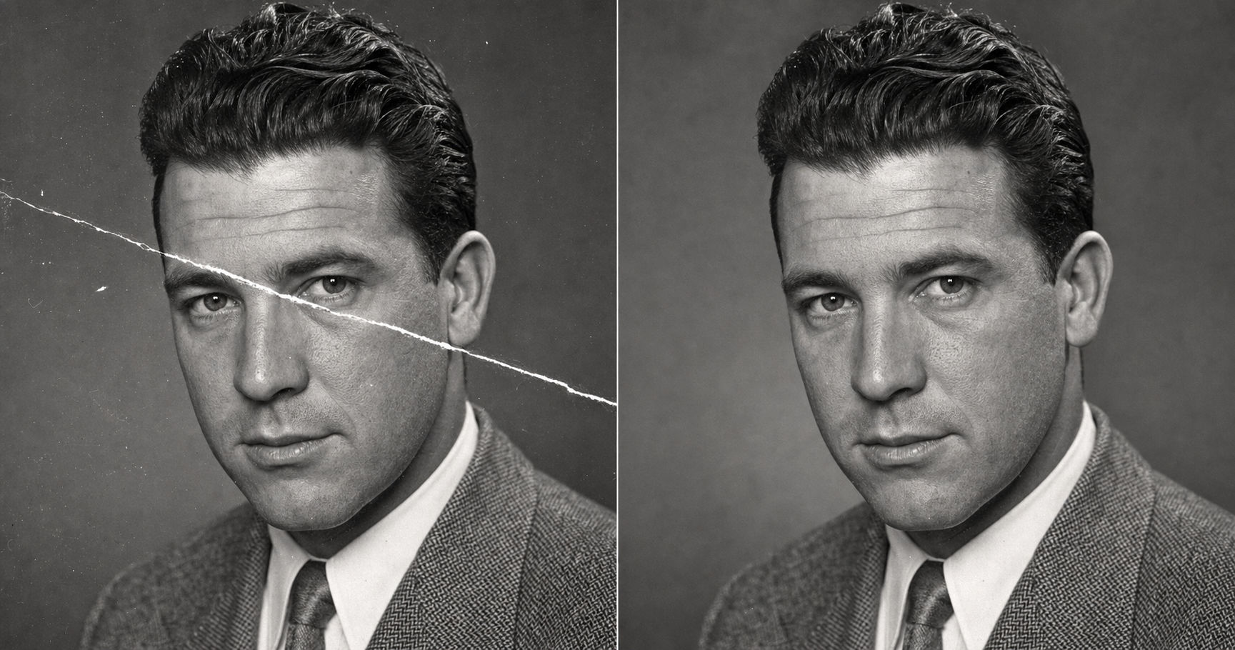 Before and after of a 1950s black-and-white studio portrait of a man. The before has a deep diagonal emulsion scratch across his cheek and through the corner of his eye plus surface dust. The after removes the scratch by reconstructing the skin only from the face visible on both sides of the scratch line, keeping the same bone structure, eye shape, and hairline, with the print still pure black-and-white.