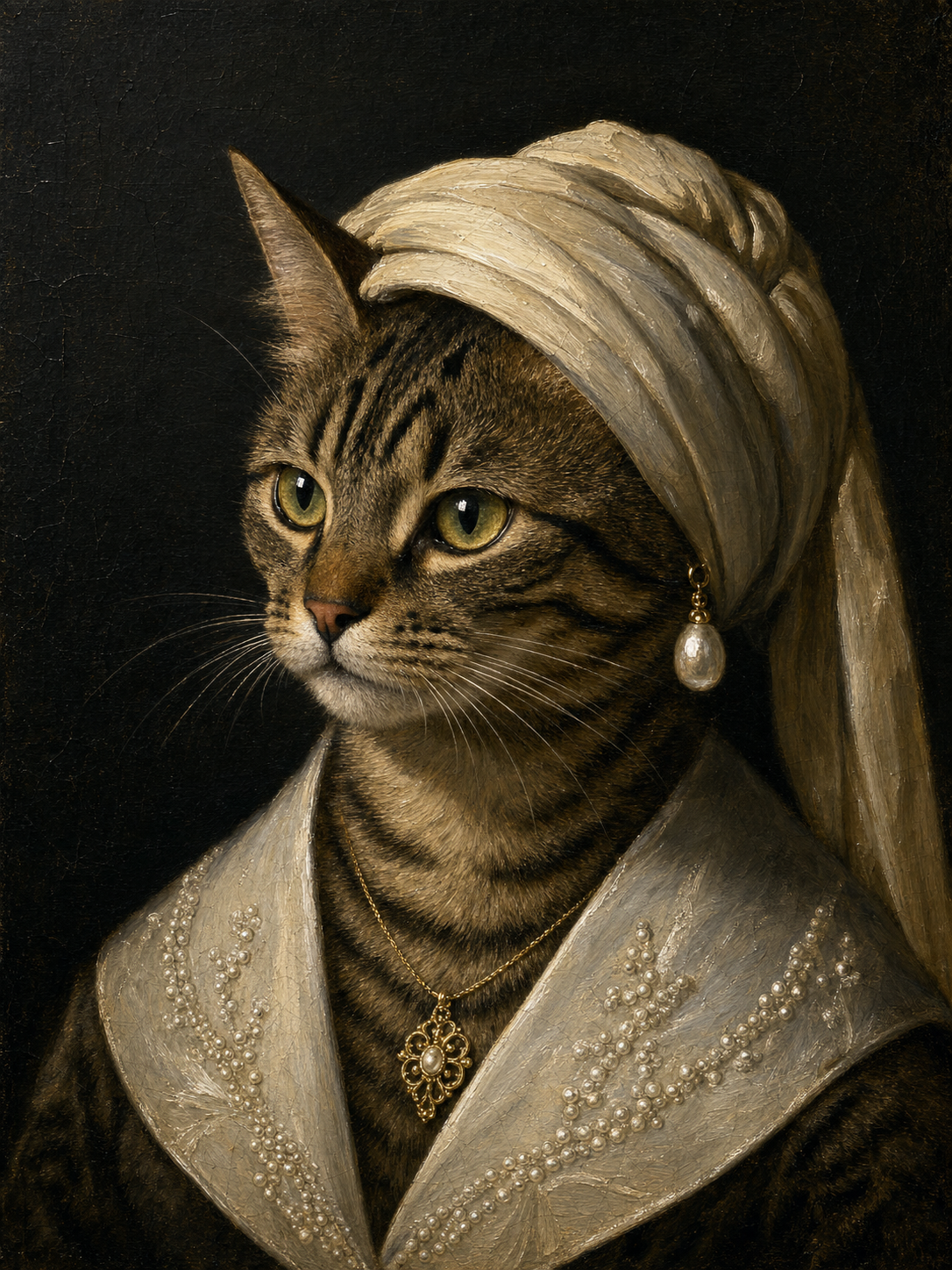 Oil-painting royal portrait of a brown-mackerel tabby cat as a 17th-century European queen in the Vermeer style, wearing a cream silk turban head wrap with a single baroque pearl drop earring and a pearl-embroidered silk collar against a deep-charcoal background, the queen-with-pearl variant of the AI royal pet portrait prompt.