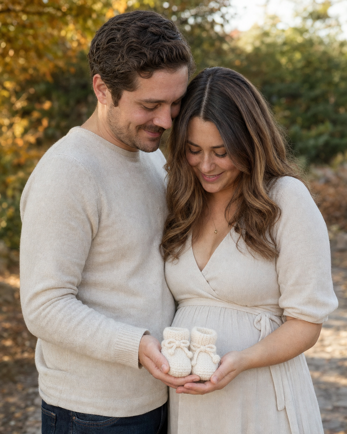 An outdoor pregnancy announcement portrait: a couple cupping a pair of tiny baby booties together on a golden autumn path.