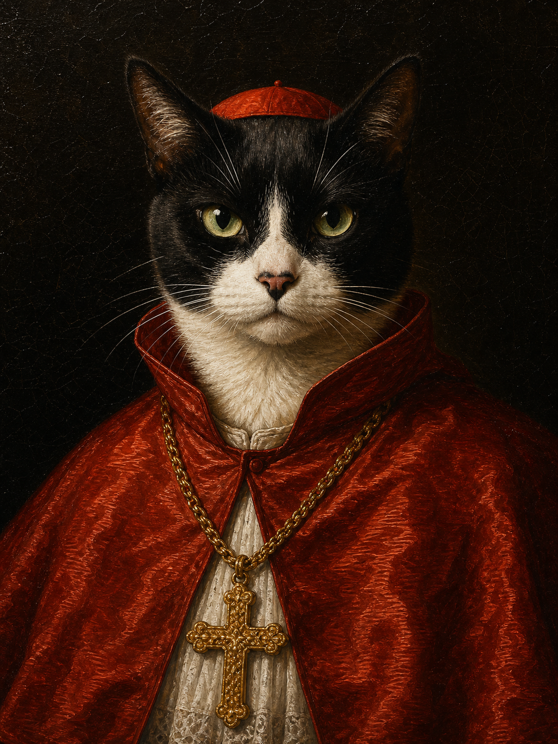 Oil-painting royal portrait of a black-and-white tuxedo cat as a 17th-century Catholic cardinal, wearing a deep-red watered-silk mozzetta cape, gold pectoral cross, and red zucchetto skullcap against a near-black Caravaggio background, the cardinal-in-red variant of the AI royal pet portrait prompt.
