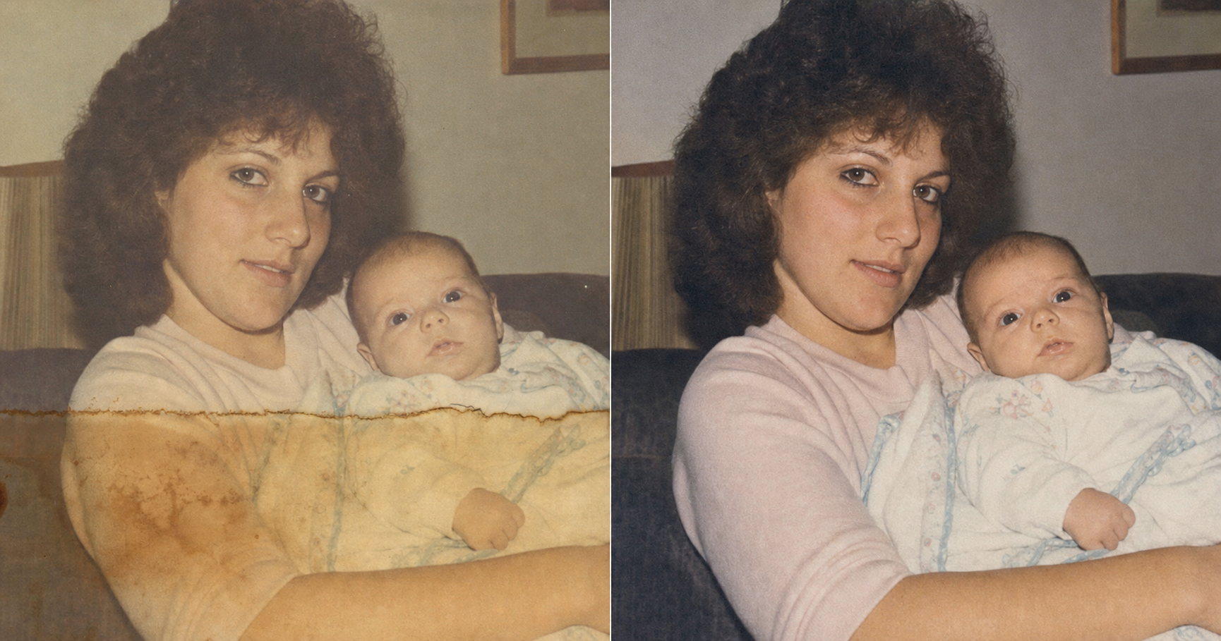 Before and after of a 1980s color photo of a mother holding a baby. The before has a hard amber-brown water tide-line across the lower third and a darker stain bloom over the mother's arm and the baby's blanket, with fading. The after lifts the stain, rebuilds natural 1980s color, and reconstructs the arm and blanket only from the surrounding undamaged image, while both faces stay exactly the same mother and baby.