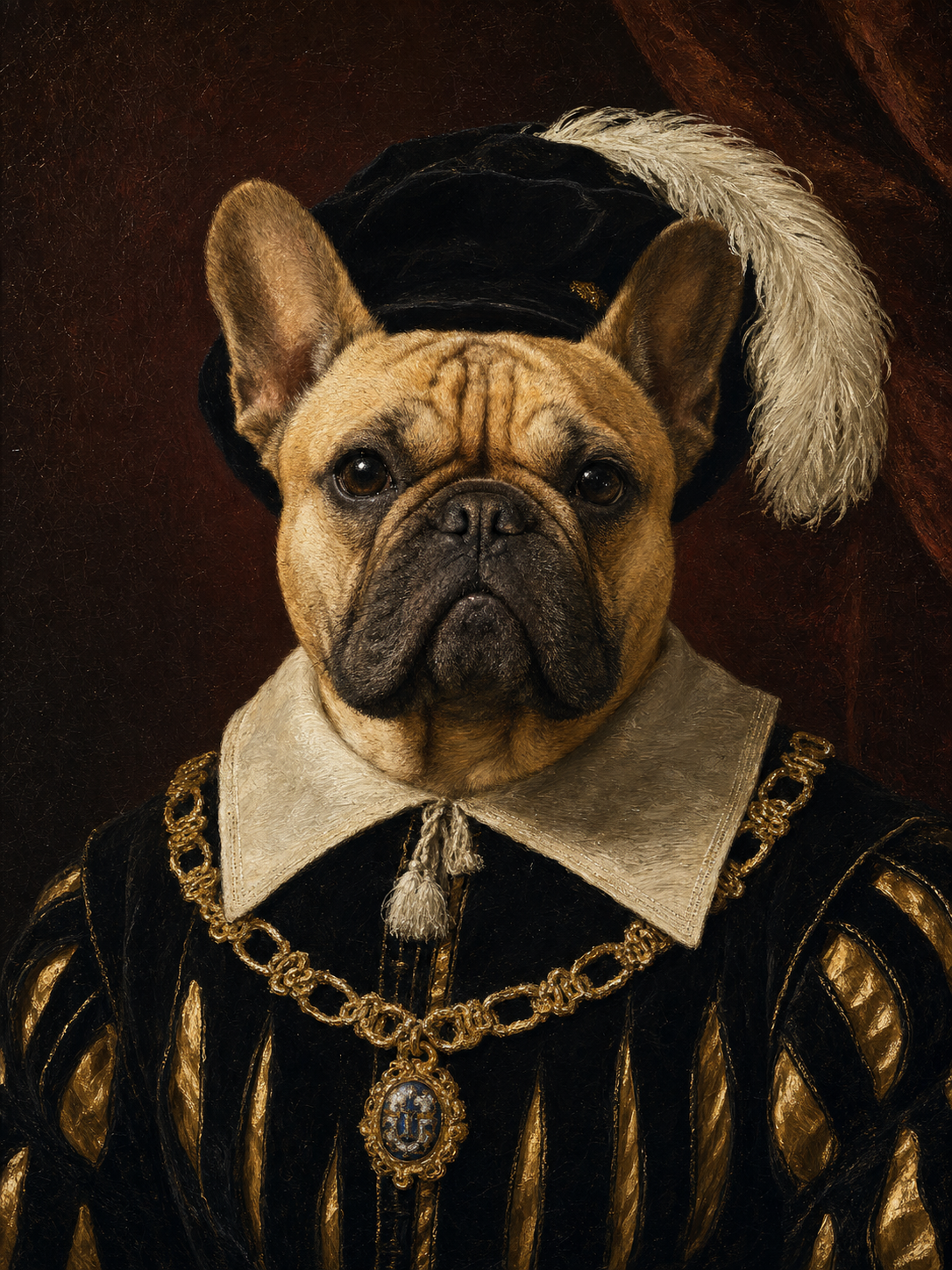 Oil-painting royal portrait of a fawn French bulldog as a 17th-century Dutch merchant prince, wearing a slashed black-and-gold velvet doublet, flat white linen collar, heavy gold chain, and black velvet beret with a white ostrich feather against a deep-burgundy background, the merchant-prince variant of the AI royal pet portrait prompt.