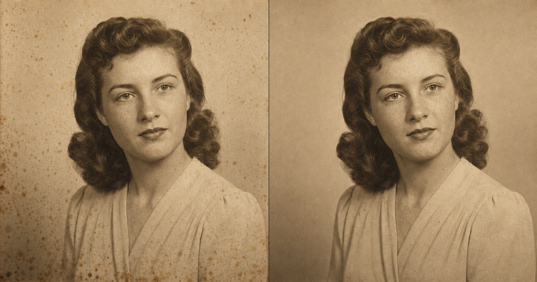 Before and after of a 1940s sepia portrait of a young woman. The before has scattered reddish-brown foxing spots and small dark mold speckle across the background and lower edge, with fading. The after clears the speckle and rebuilds even sepia tone while keeping the genuine paper grain and the woman's real skin texture, and her face stays exactly the same person.