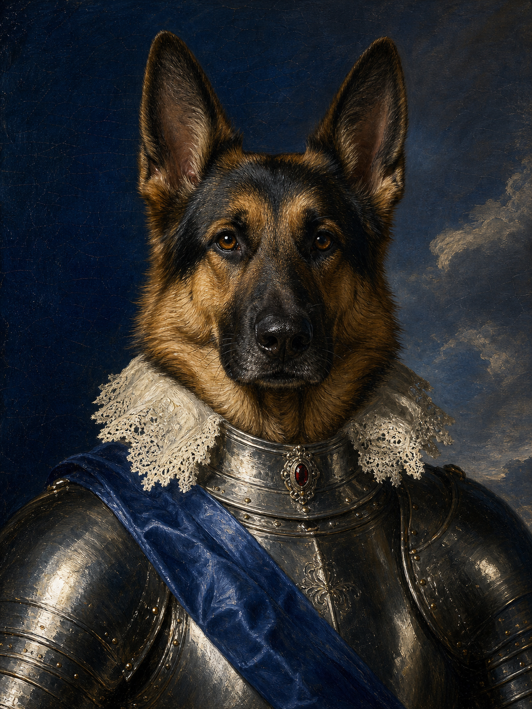 Oil-painting royal portrait of a black-and-tan German Shepherd as a 17th-century European general, wearing a polished steel cuirass, white lace jabot collar, deep-cobalt-blue silk sash, and silver gorget with a central ruby against a deep-cobalt background, the general-with-cuirass variant of the AI royal pet portrait prompt.