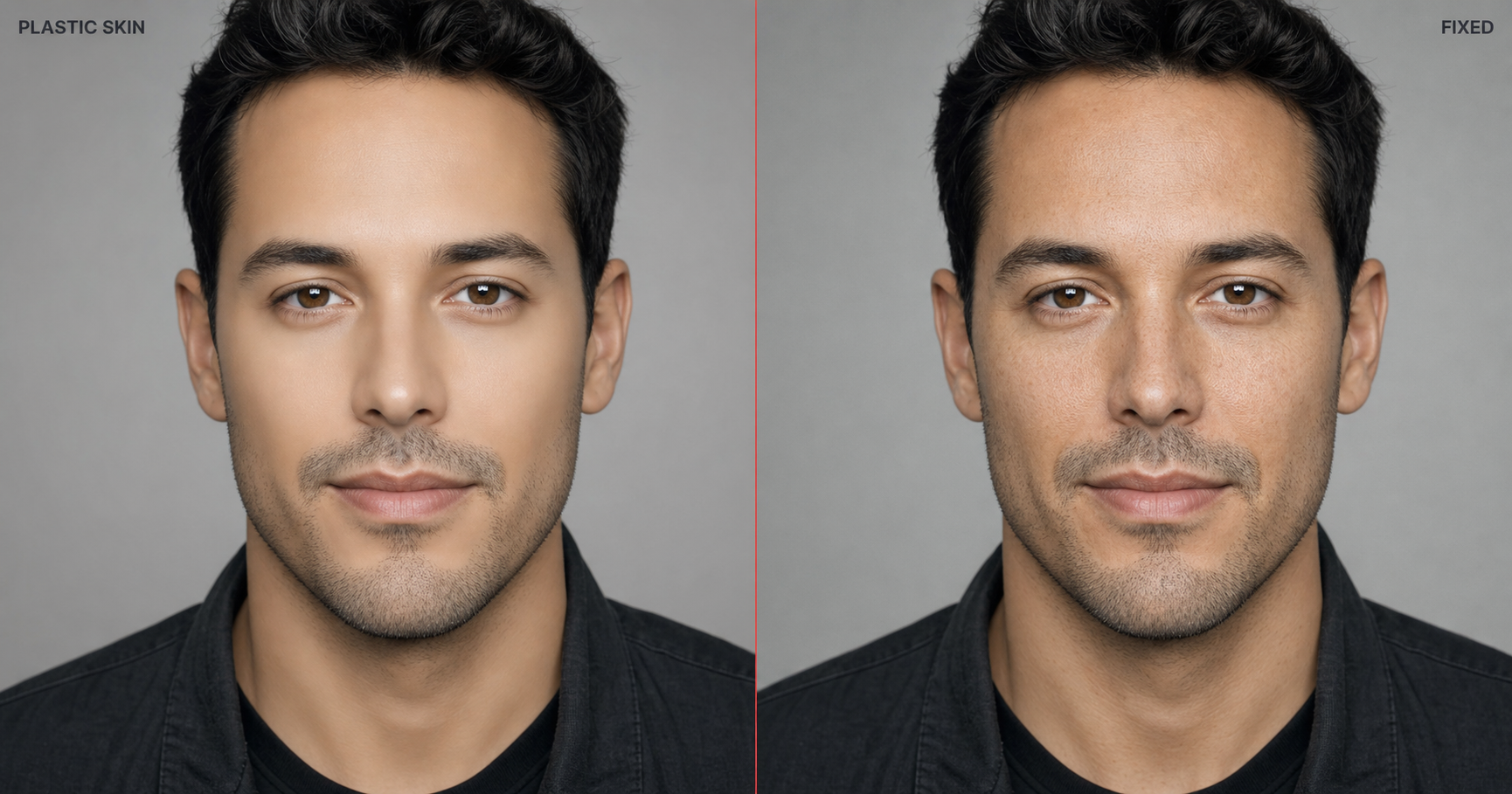 Side-by-side founder portrait, left half labeled Plastic Skin shows airbrushed poreless waxy AI-default skin, right half labeled Fixed shows the same face with visible pores, fine film grain, and micro-asymmetry after applying the micro-imperfection-trio prompt phrasing.