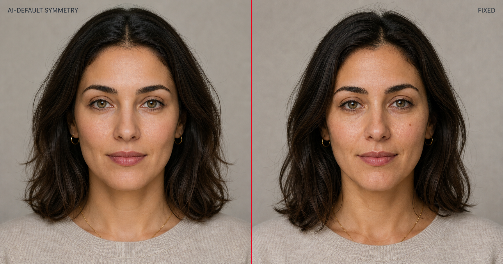 Side-by-side female portrait, left half labeled AI-default Symmetry shows eerily mirror-symmetric face with both halves identical, right half labeled Fixed shows the same face with natural micro-asymmetry visible after the explicit micro-asymmetry tag.