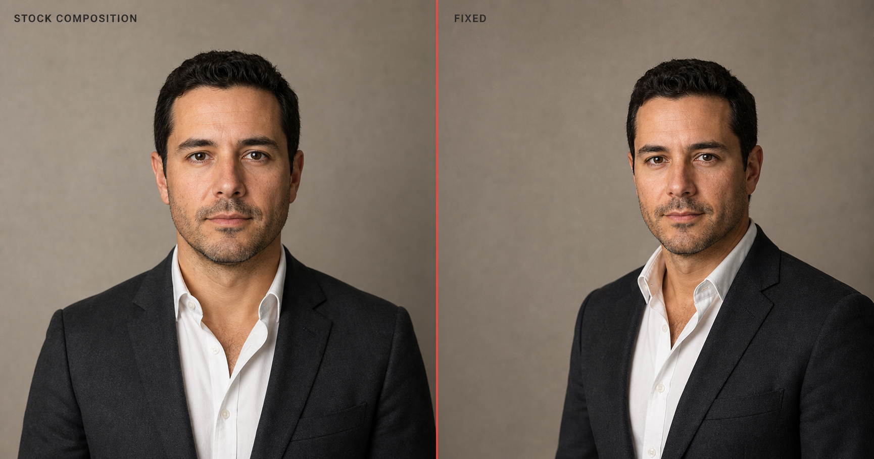Side-by-side founder portrait, left half labeled Stock Composition shows the dead-centered front-facing mid-shot of stock-agency defaults, right half labeled Fixed shows the same subject at a three-quarter angle occupying about 60% of the frame with the head at 1/7 frame height after applying explicit compositional fractions.