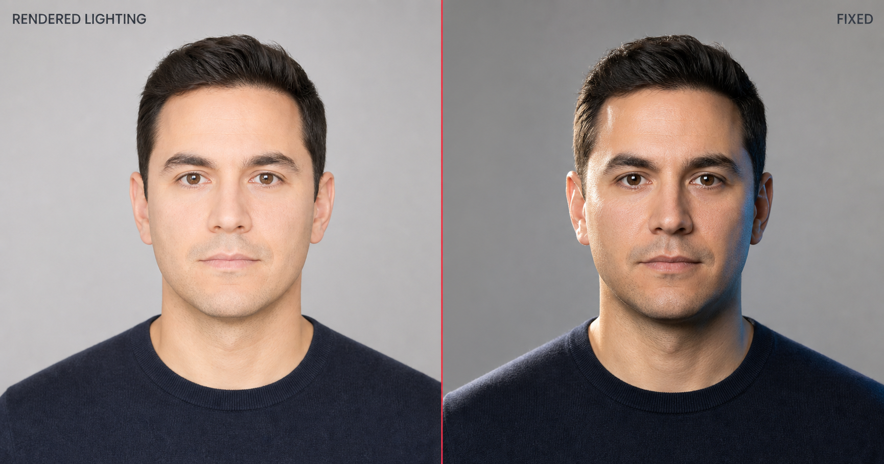 Side-by-side founder portrait, left half labeled Rendered Lighting shows a flat frontal wash with no directional shadow erasing facial topography, right half labeled Fixed shows the same face with a 45-degree cinematic key light from upper-left and cool fill on shadow side after applying the directional lighting prompt phrasing.