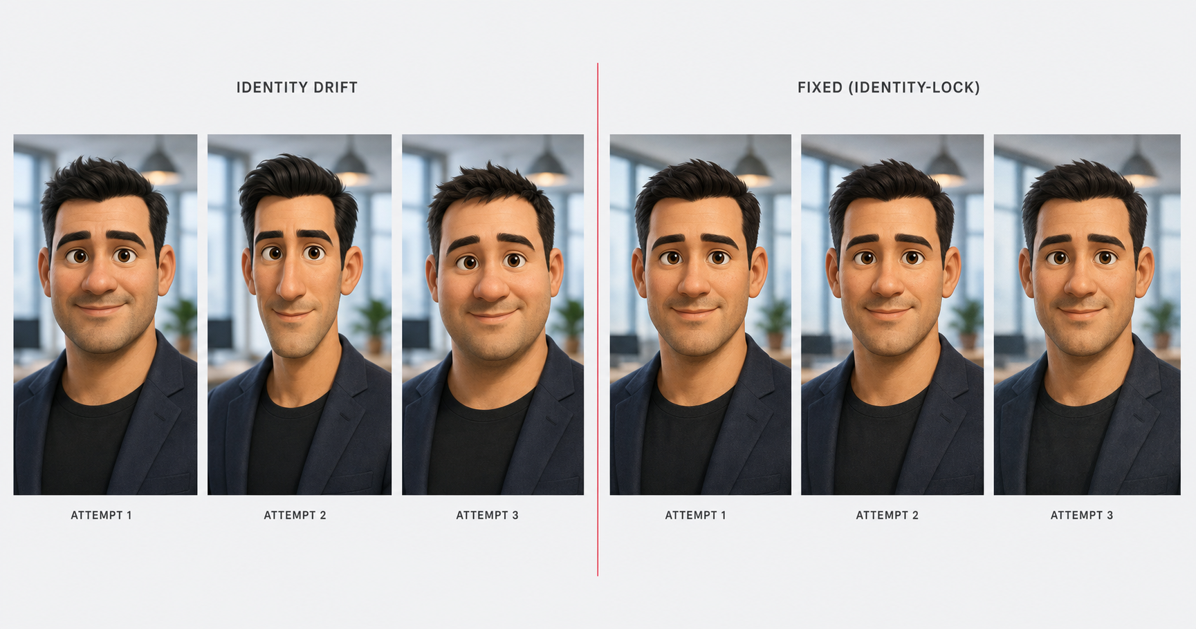 Side-by-side diptych, left half labeled Identity Drift shows three Pixar-style transformation attempts of the same source face with each attempt rendering a visibly different face geometry, right half labeled Fixed (Identity-Lock) shows the same three attempts with stable identity preserved across all three because the Identity-Lock prompt structure was applied.