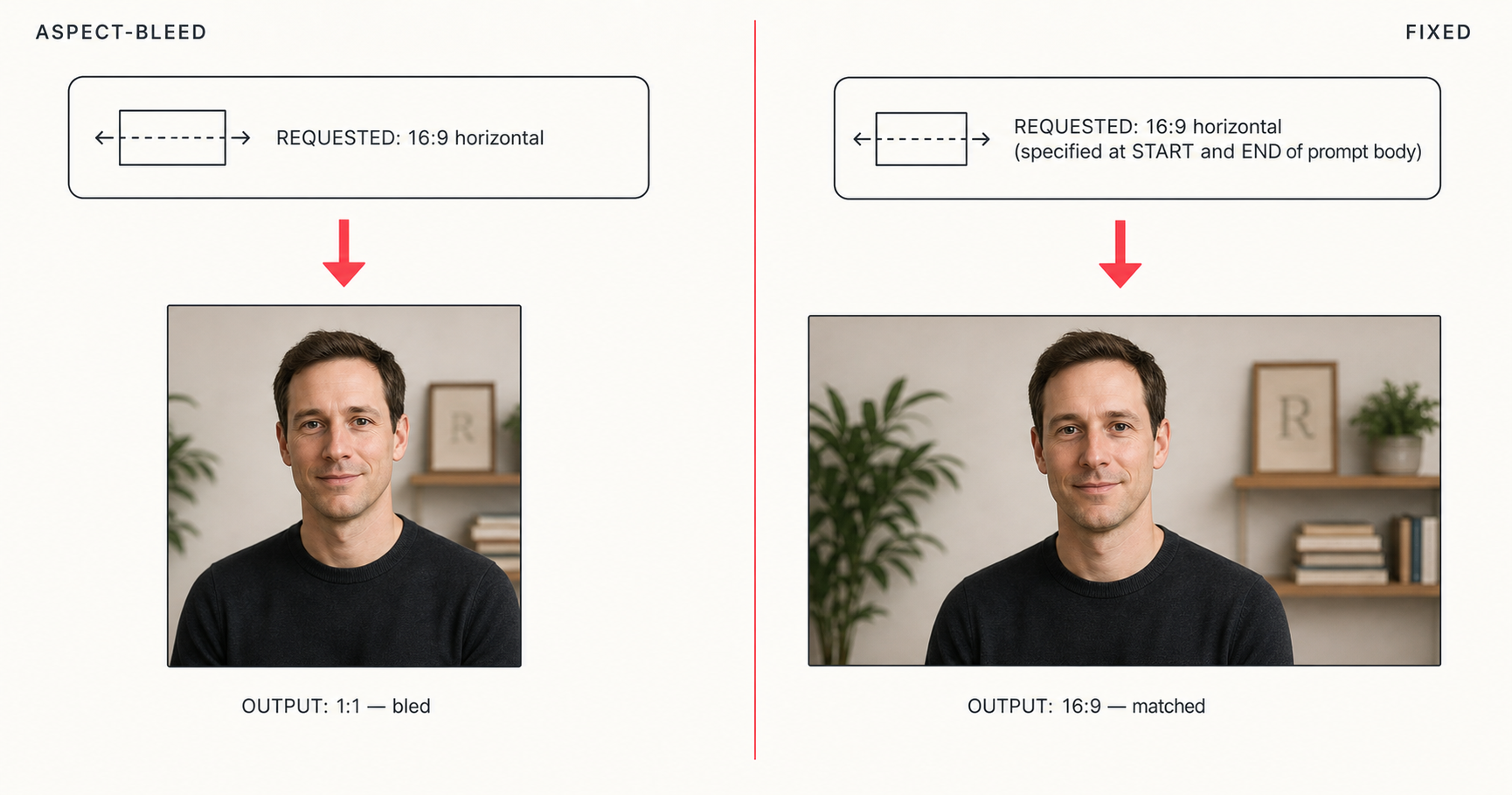 Side-by-side diagram, left half labeled Aspect-Bleed shows a wide 16:9 prompt request rendering as a square 1:1 output because the aspect ratio was named only once mid-prompt, right half labeled Fixed shows the same wide request rendering as a matching 16:9 output after applying the first-and-last-token rule to aspect specification.