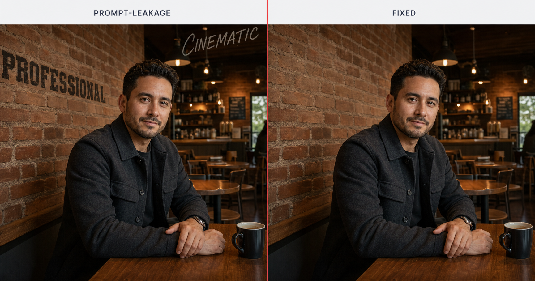 Side-by-side cafe portrait, left half labeled Prompt-Leakage shows the words PROFESSIONAL painted on the brick wall and CINEMATIC across the corner as if leaked from prompt instructions into the rendered scene, right half labeled Fixed shows the same scene with no instructional residue anywhere because instructional language was moved into the prompt Rules section.