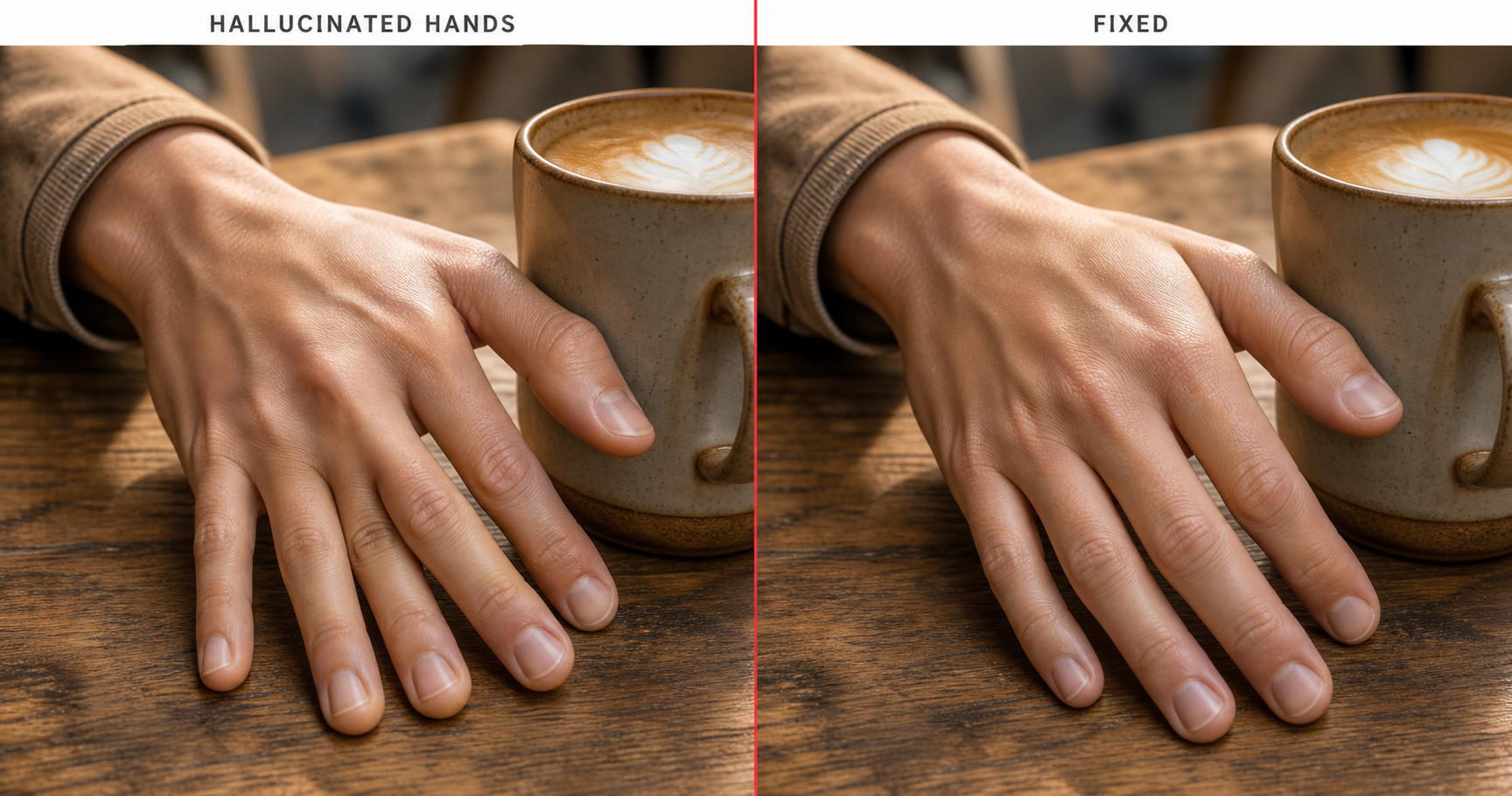 Side-by-side close-up, left half labeled Hallucinated Hands shows a six-fingered hand reaching for a coffee mug with melted knuckle geometry and an elongated thumb, right half labeled Fixed shows the same hand correctly rendered with five fingers, articulated knuckles, and correct anatomy after applying explicit anatomical constraints in the prompt body.