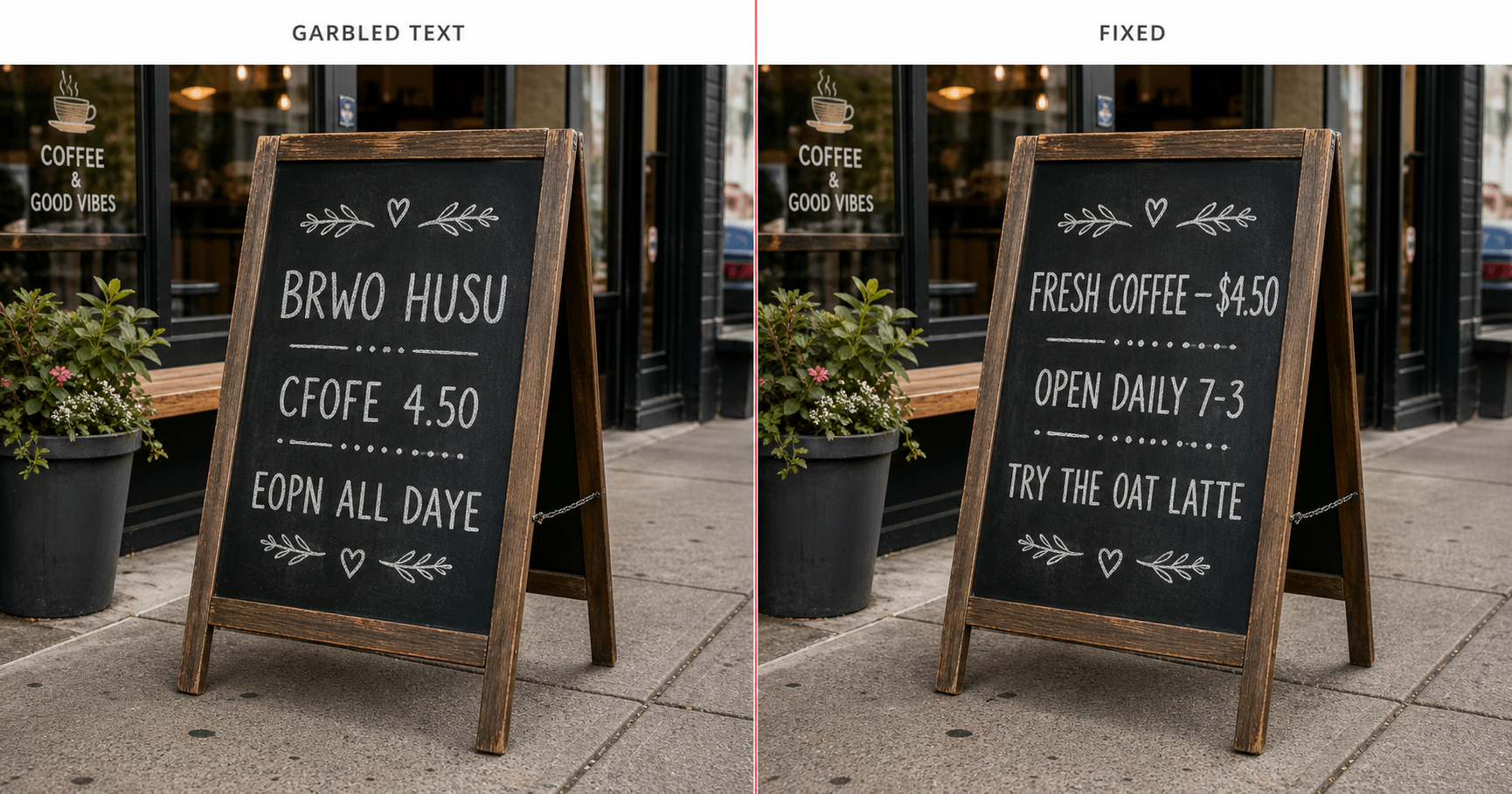 Side-by-side cafe chalkboard sign, left half labeled Garbled Text shows hand-lettered text that has the shape of words but reads as Lorem-Ipsum-shaped gibberish on close inspection, right half labeled Fixed shows the same chalkboard with correctly rendered English menu text after hardcoding the exact letters in the prompt body and locking typography style.
