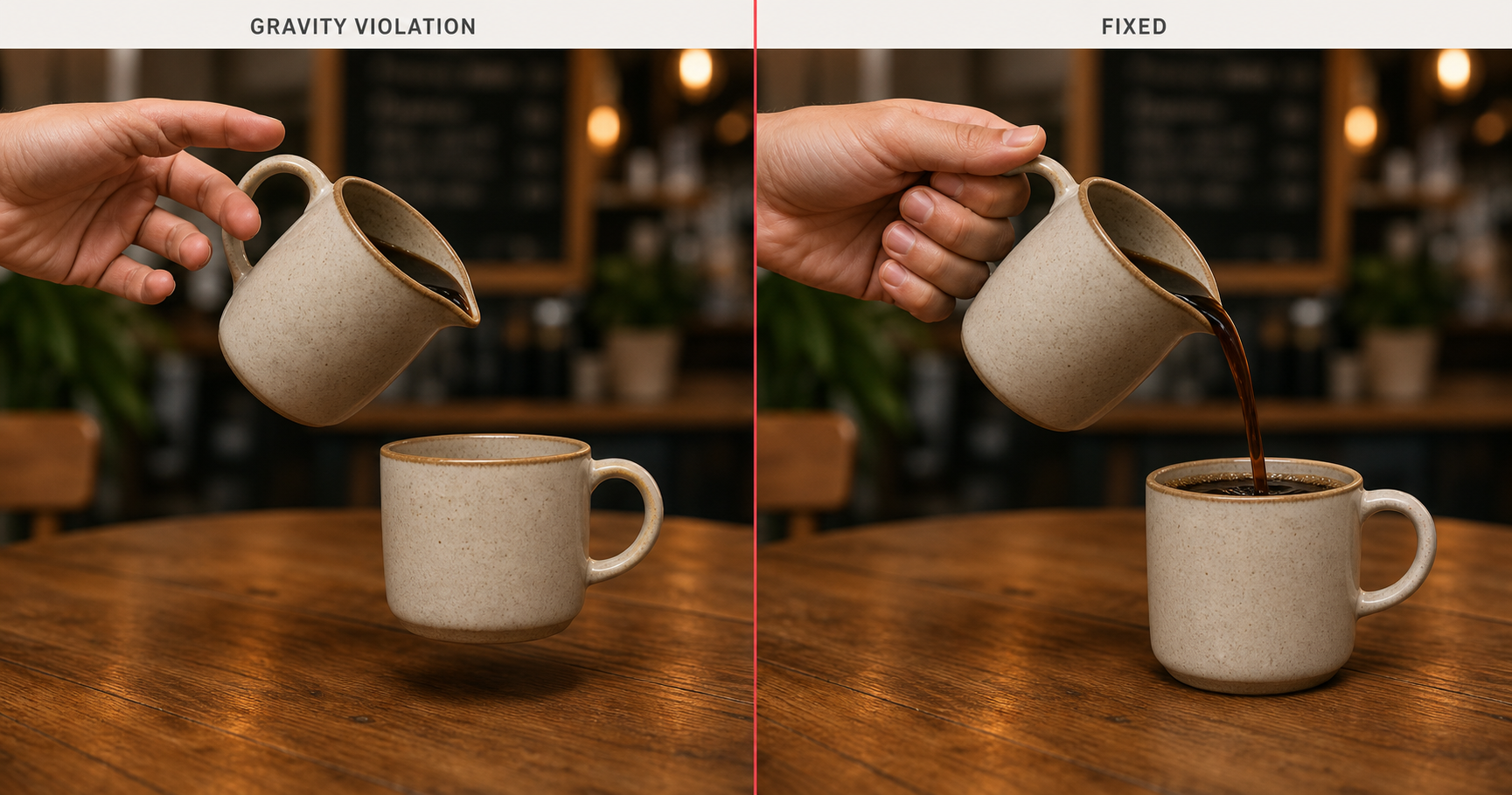 Side-by-side coffee pour, left half labeled Gravity Violation shows a tilted pitcher with no liquid stream and a mug floating above the table with disconnected fingertips, right half labeled Fixed shows the same pitcher with a visible coffee stream arcing into the mug, mug planted on the table with contact shadow, and fingers making clear grip contact after specifying physical contact points and weight cues in the prompt.
