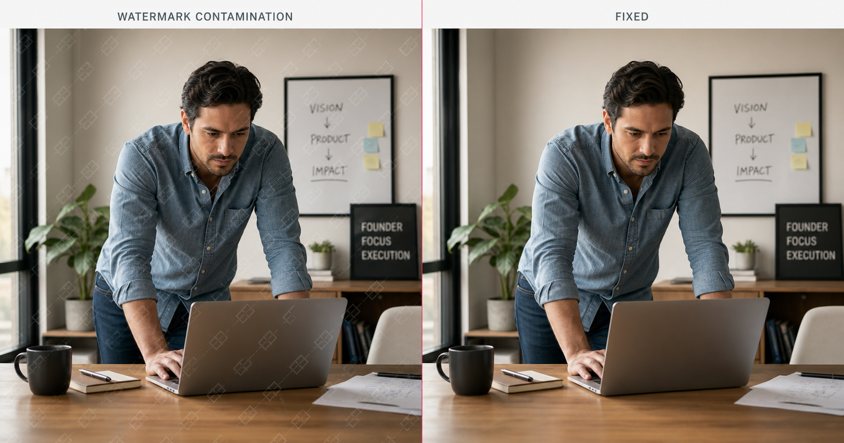 Side-by-side office portrait, left half labeled Watermark Contamination shows a faint diagonal stock-agency-shaped repeating geometric watermark pattern across the image that the model surfaced from its training distribution, right half labeled Fixed shows the same clean scene with no watermark pattern after explicitly forbidding watermarks and stock-photo aesthetics in the prompt Rules section.