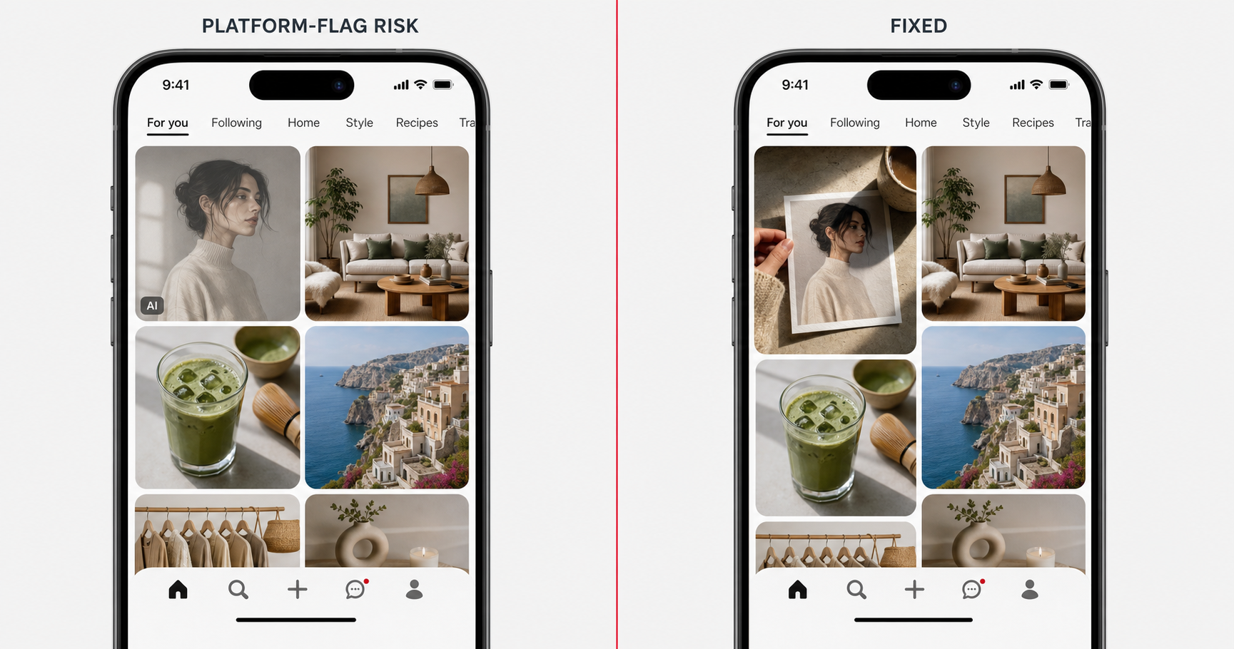 Side-by-side phone feed mockup, left half labeled Platform-Flag Risk shows an AI-rendered Pin carrying a visible Made-with-AI badge and slightly desaturated reach in the platform feed, right half labeled Fixed shows the same Pin blending into the feed without a label after adding real-photo cues like paper grain and environmental shadows.