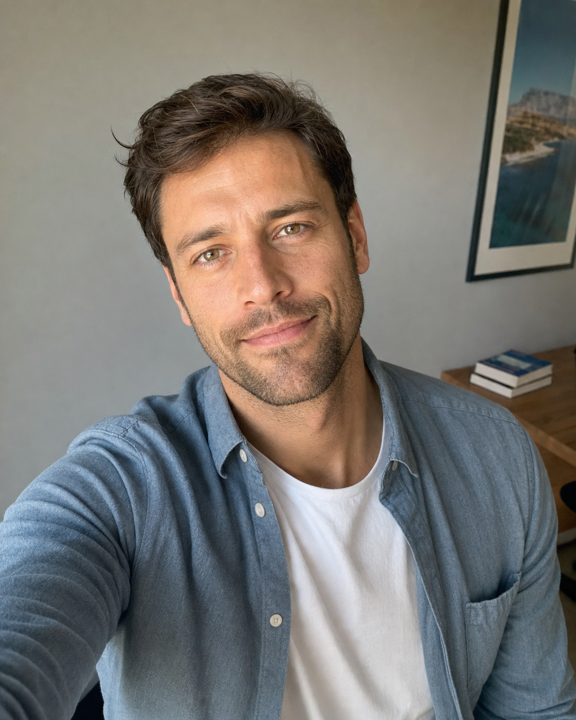 A photoreal 4:5 vertical dating-app lead photo of the same 32-year-old man framed wider in a chambray shirt over a white tee at a home-office backdrop, his face occupying about 55% of the vertical frame and his eyes still landing on the upper-third grid line, the wide-crop end of the recommended range.