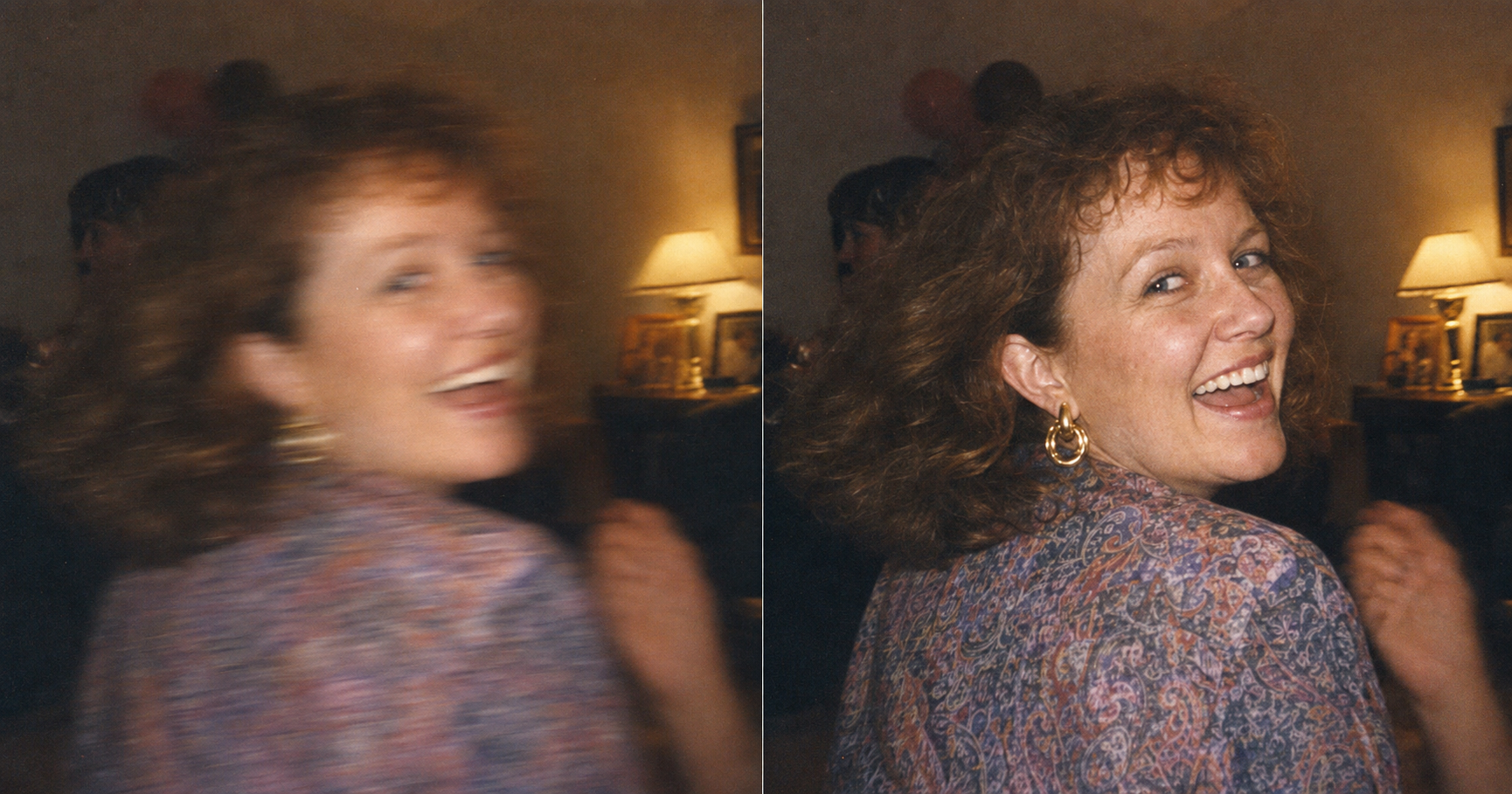 Before and after of a motion-blurred mid-1990s candid of a laughing woman at a party, smeared and soft on the left, clarified on the right with her face readable but a faint trace of motion kept in her hair.