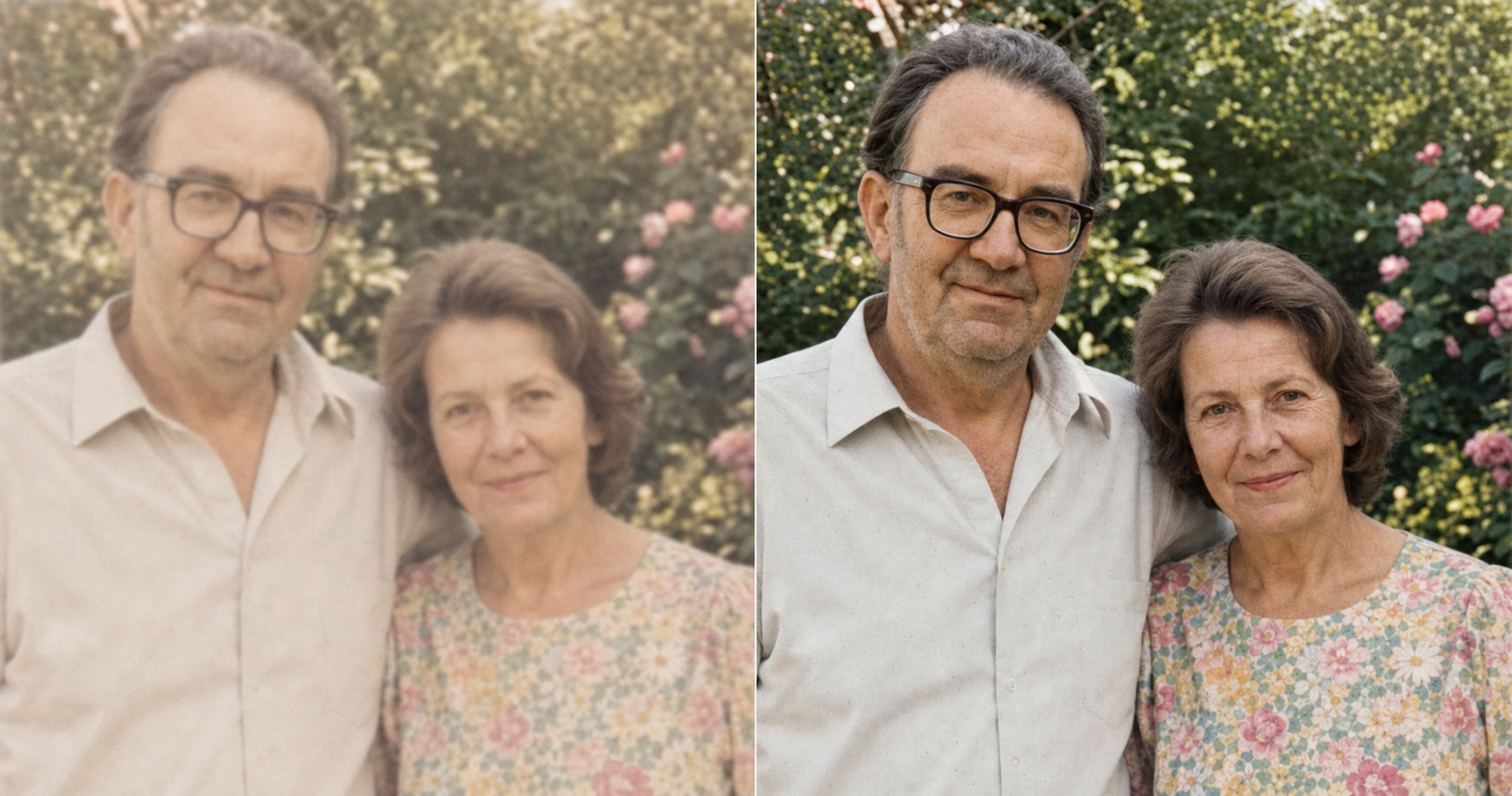 Before and after of a soft-focus low-resolution 1970s garden photo of an older couple, mushy and faded on the left, brought to a clear naturally detailed print on the right with the same faces, glasses, wrinkles, and period color preserved.