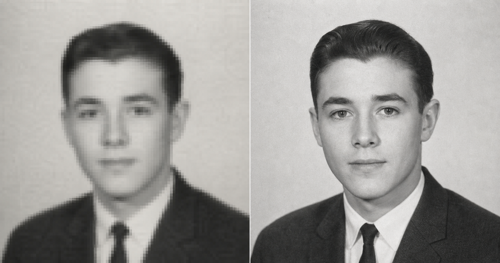 Before and after of a tiny low-resolution out-of-focus 1960s black-and-white wallet portrait of a young man, pixelated and soft on the left, brought to a clear naturally detailed black-and-white print on the right with the same face and suit, still in pure black-and-white.