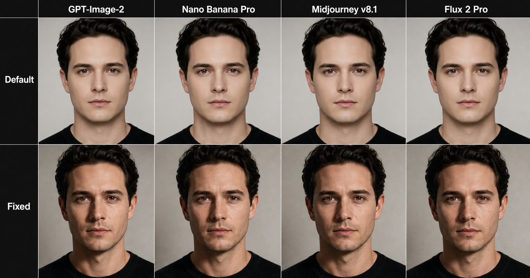 Four-model comparison strip: same identity and same default "good skin" prompt rendered across GPT-Image-2, Nano Banana Pro, Midjourney v8.1, and Flux 2 Pro — all four produce porcelain wax-figure skin; the same identity with the micro-imperfection trio added produces photoreal skin with visible pores on all four.
