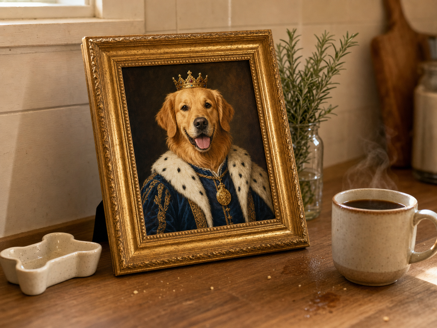 Photoreal mockup of a finished AI-generated royal pet portrait of a golden retriever, wearing a deep-blue velvet doublet with ermine collar, gold medallion, and miniature crown, printed at 8x10 and framed in an ornate gold-leaf frame, leaning on a warm-toned wood kitchen counter with morning window light, a coffee mug, a small ceramic dish, and a sprig of rosemary nearby, showing the finished framed-on-the-counter state the reader is buying.