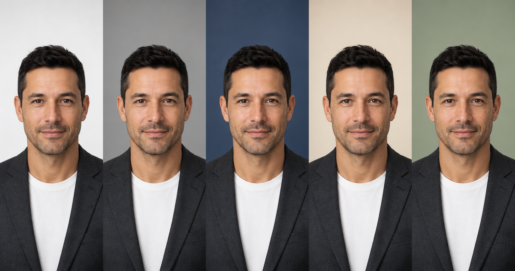 The same identity-locked headshot shown against five backdrop colors side by side: soft white, neutral mid-gray, deep slate-blue, warm cream, and muted sage, with the person unchanged so only the background color differs.