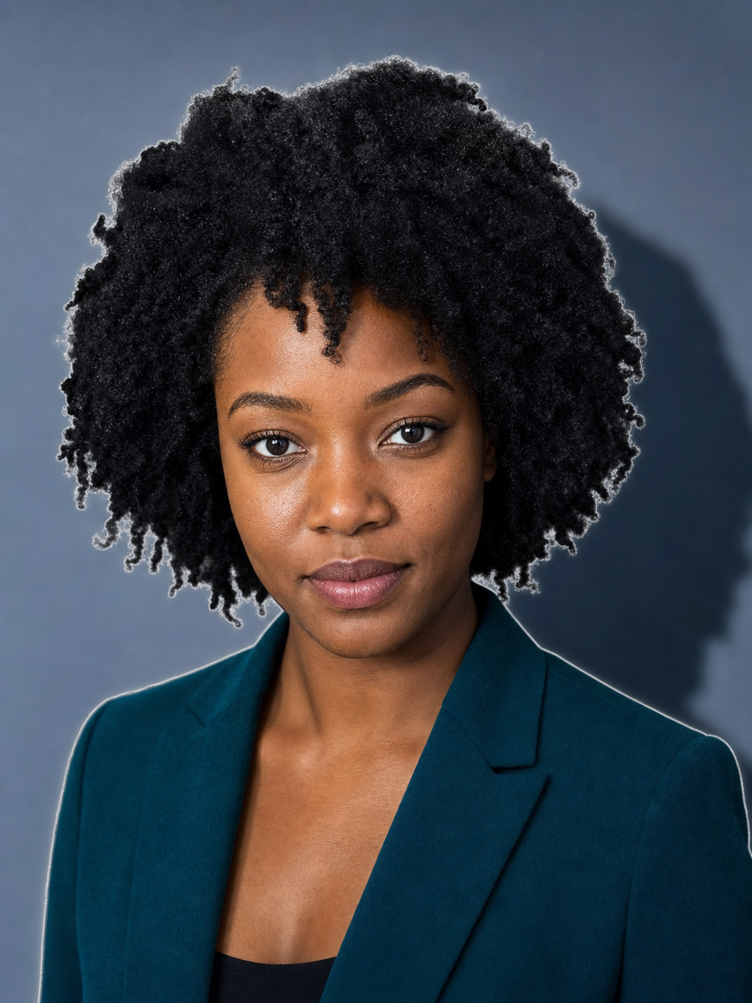 A failed headshot background swap, a woman against a replaced backdrop with a pale halo edge around her hair and a shadow falling in the wrong direction, the lighting mismatch that gives away a bad background change.