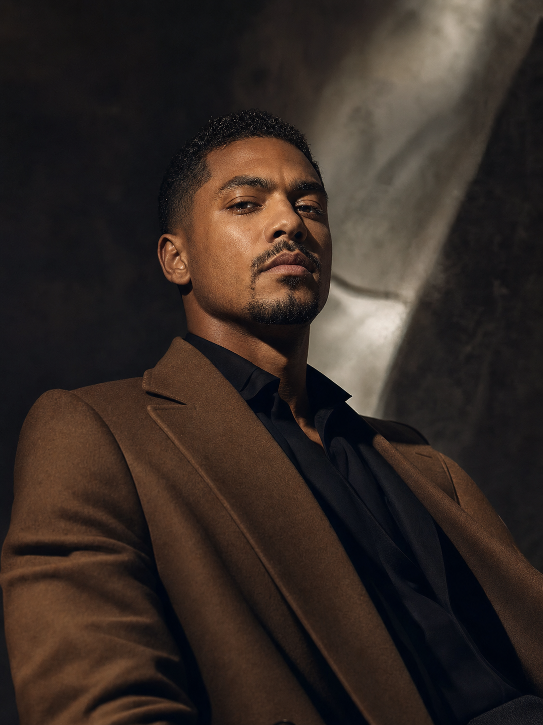 The same man rebuilt into a magazine cover-story editorial portrait in a tailored coat, keeping his real face.