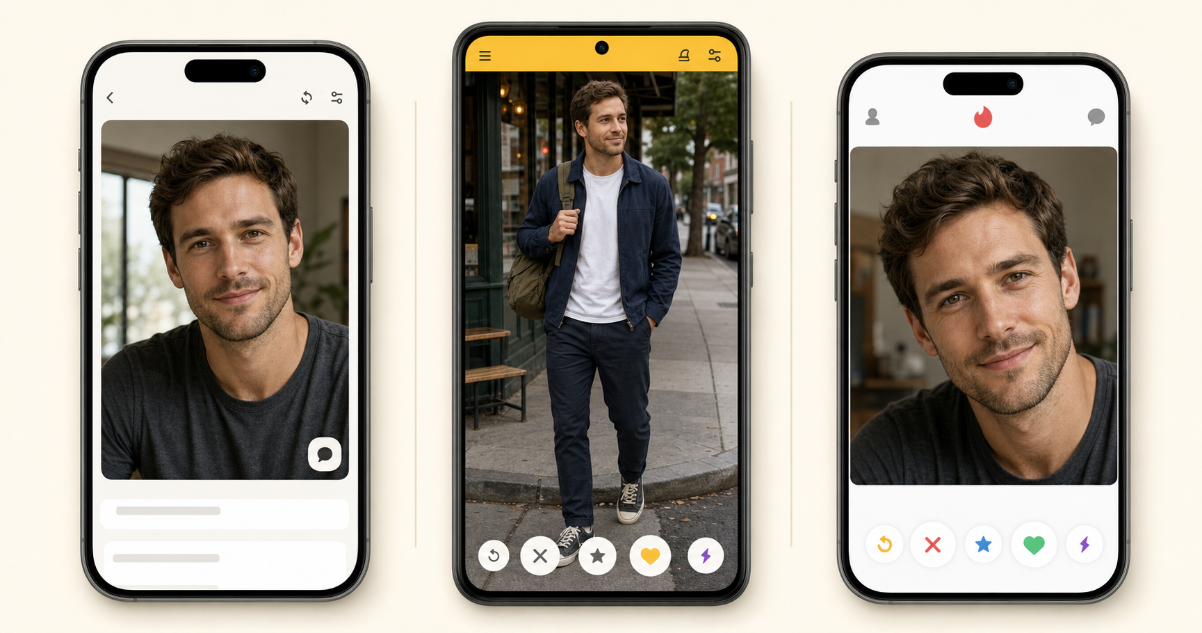Bumble lead-photo example: a 9:16 full-body candid of a man in his early thirties standing at a cafe-corner sidewalk in a navy zip-up jacket over a white tee with a battered olive backpack strap in hand, identity-locked, soft-overcast diffused daylight, displayed inside a Bumble profile card with a soft yellow accent bar, demonstrating the Bumble lead-photo move in 2026.